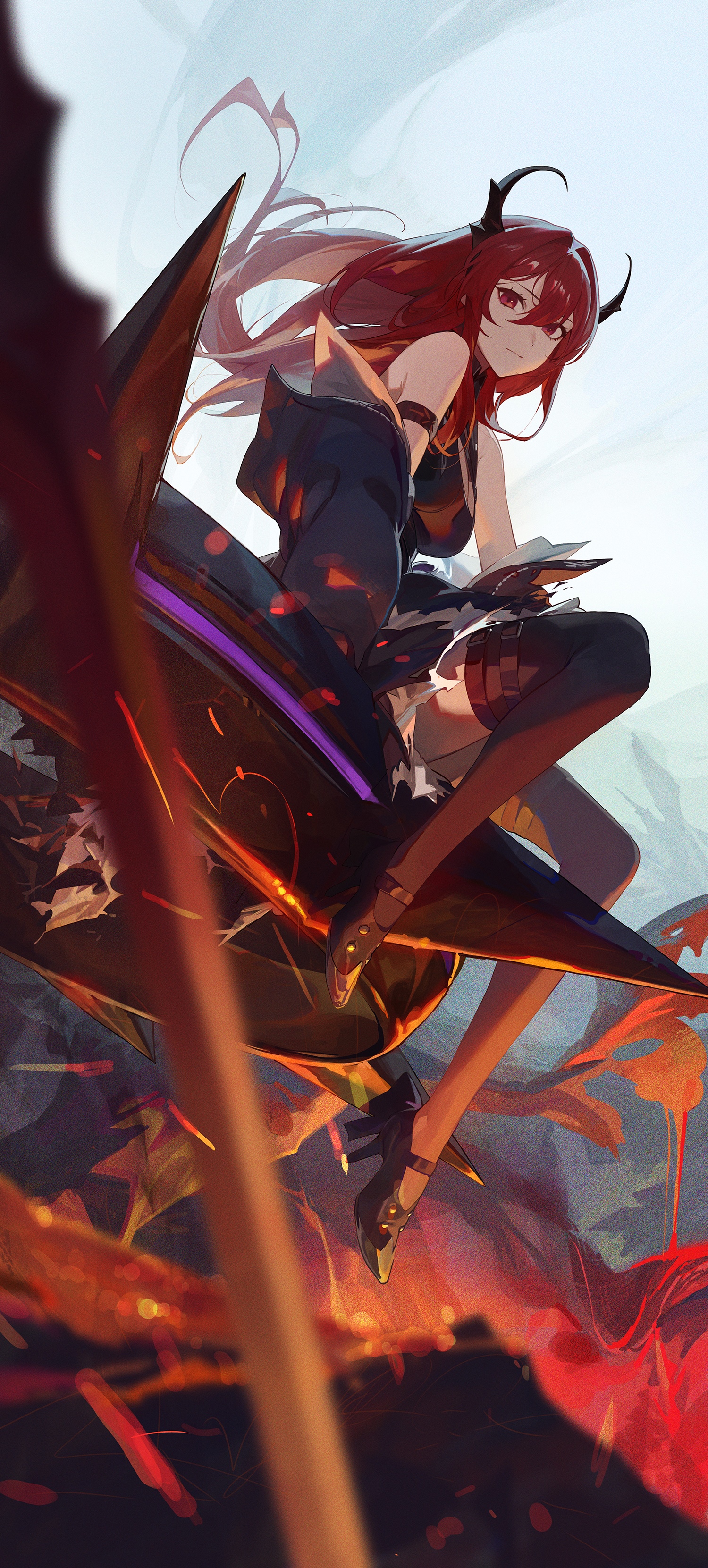 Surtr from Arknights with red eyes and horns HD Phone Wallpaper
