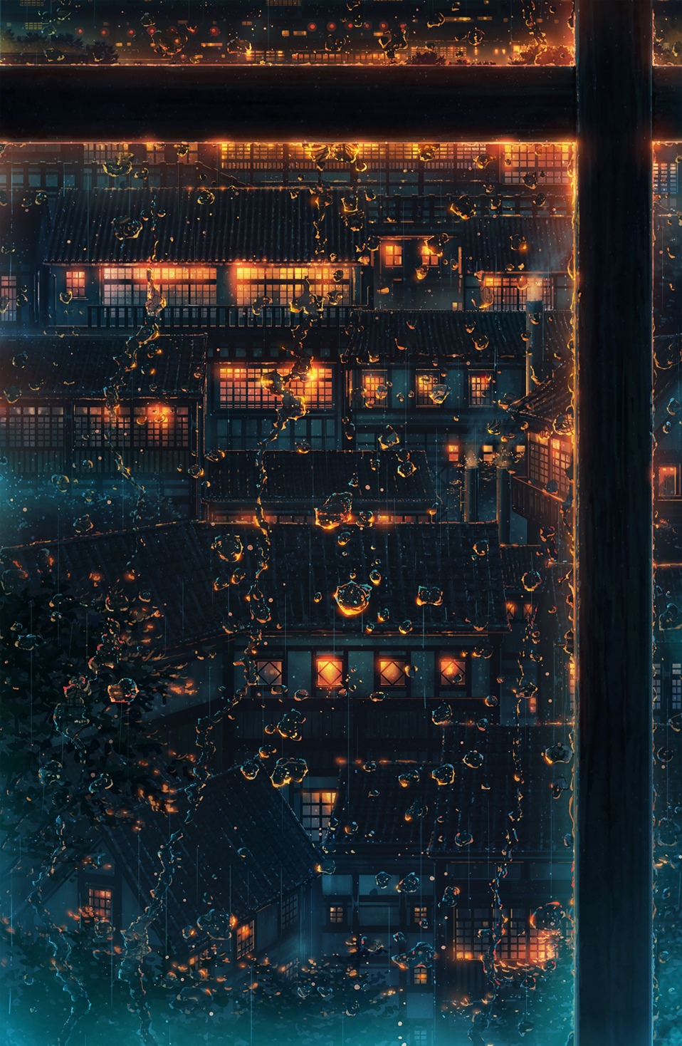Rainy night view through a window HD Phone Wallpaper