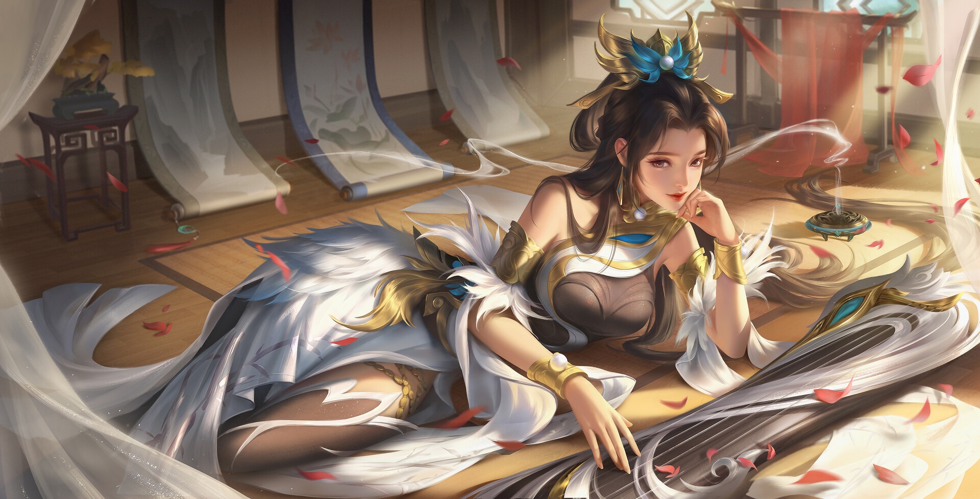 Asian woman in traditional attire with a musical instrument HD Wallpaper