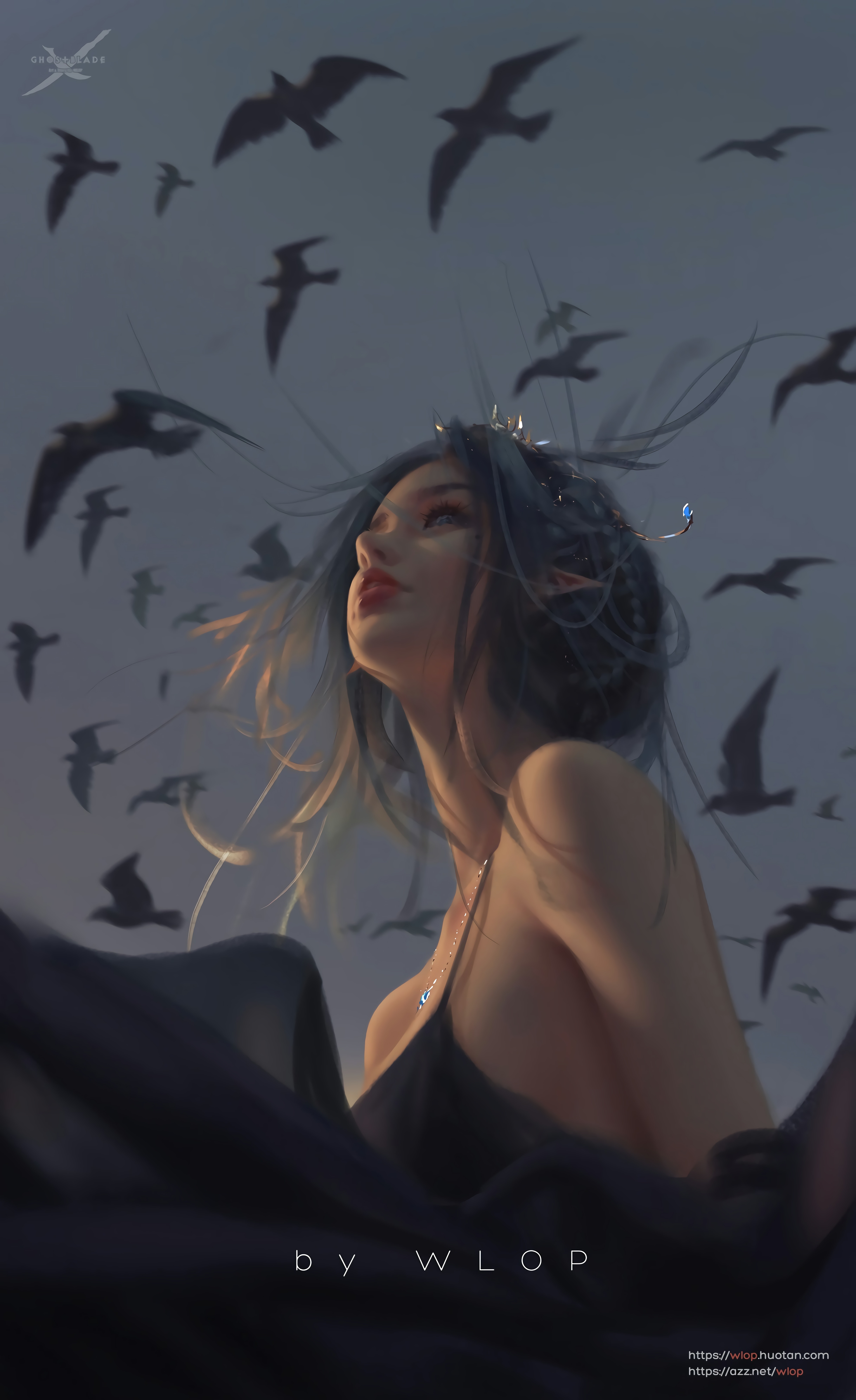 Ghostblade artwork of a woman with pointy ears and crows HD Phone Wallpaper