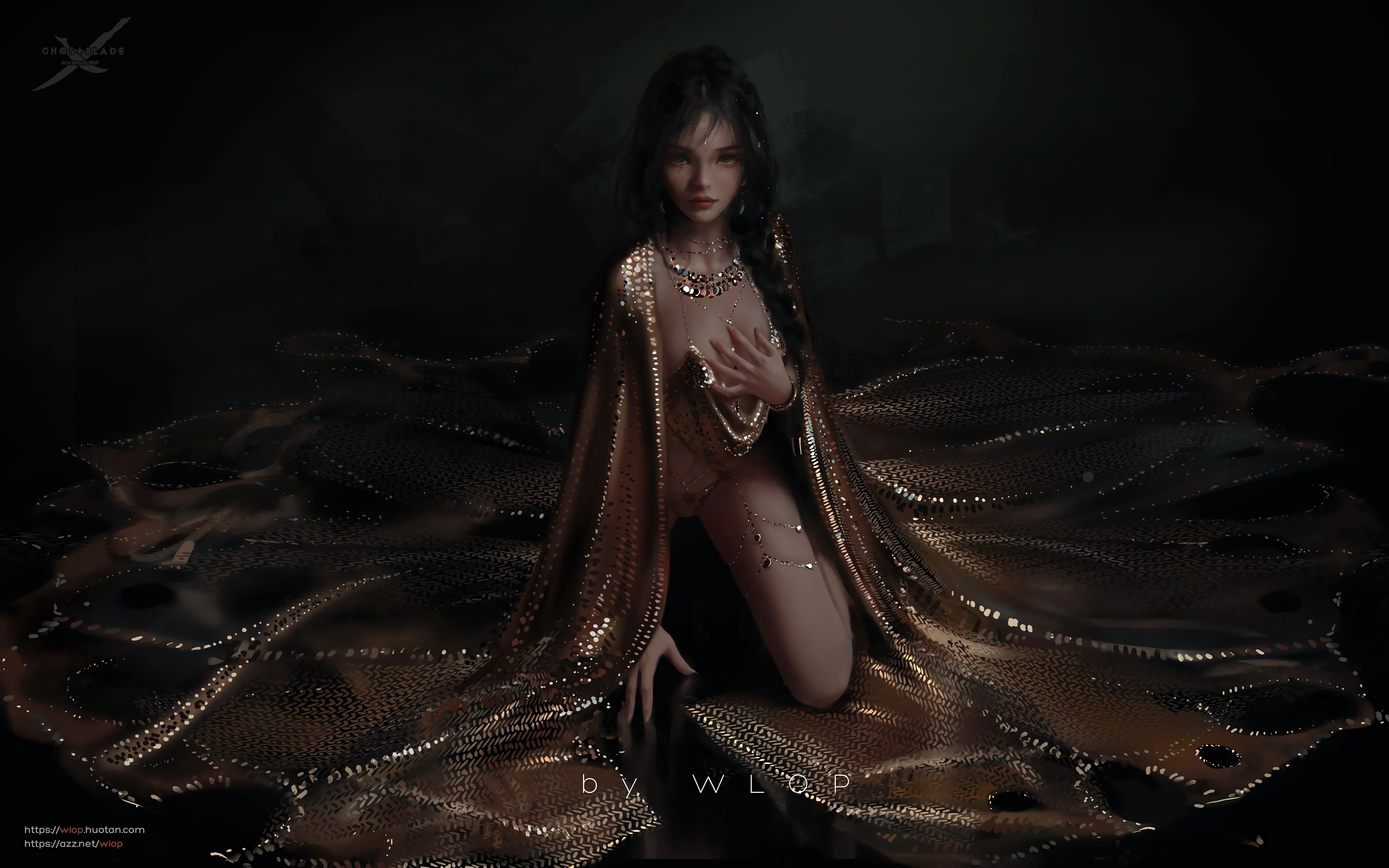4K Ghostblade woman kneeling in gold HD Wallpaper