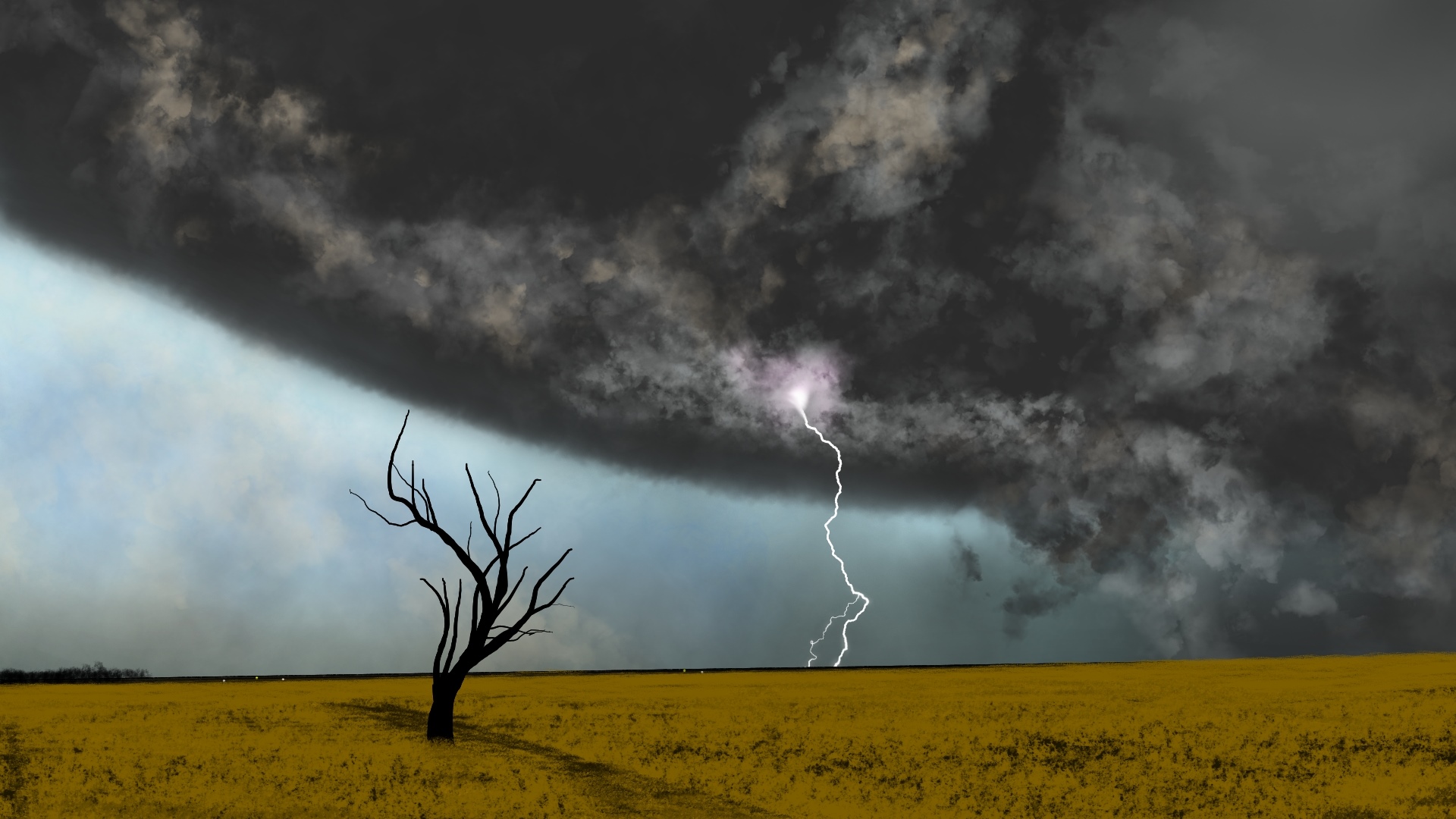 Digital painting of a lightning strike over a field HD Wallpaper