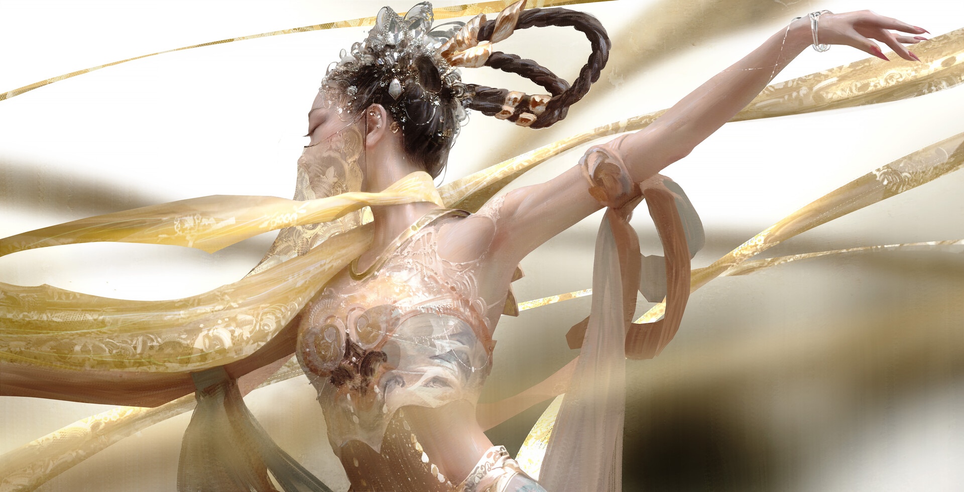 Dancer in Chinese clothing with veils and braids HD Wallpaper
