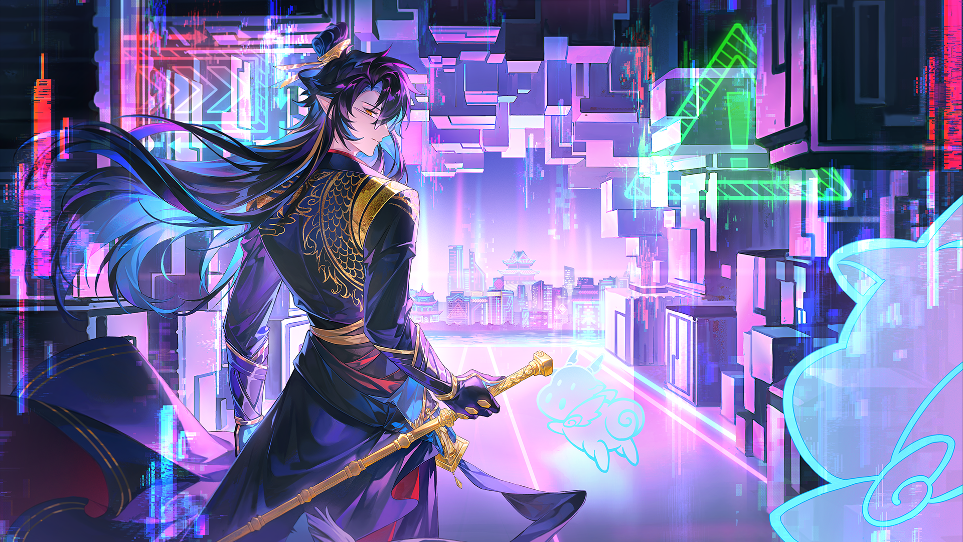 Anime boy with sword in futuristic city HD Wallpaper
