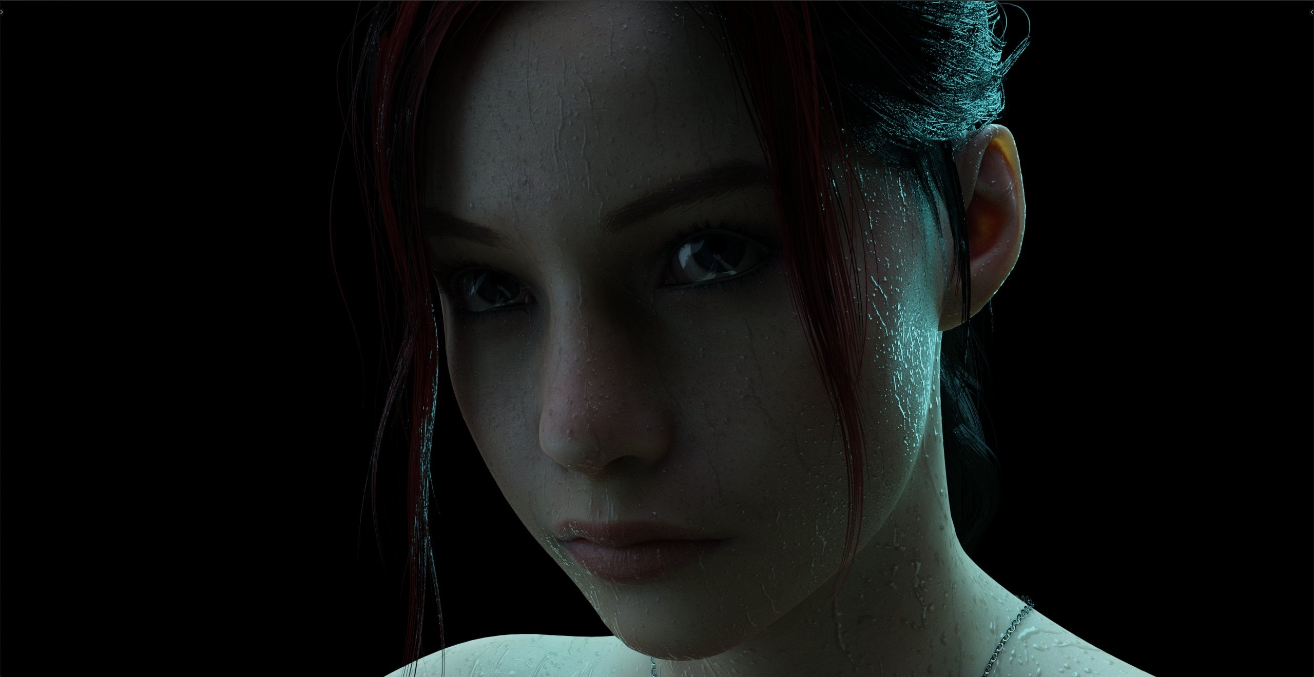 Woman with red streaks in her hair and water drops HD Wallpaper