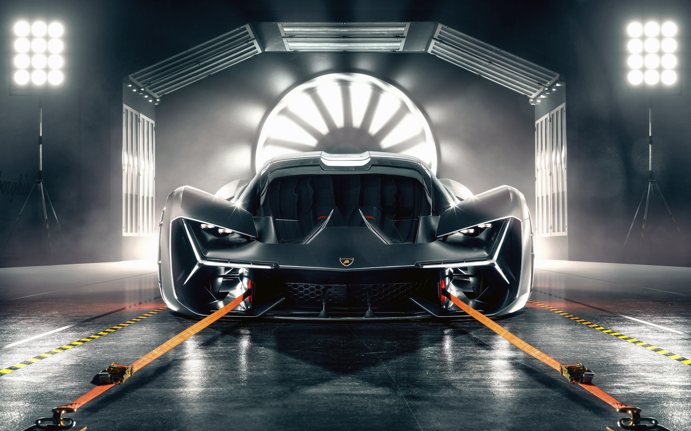 Lamborghini sports car in a futuristic garage HD Wallpaper