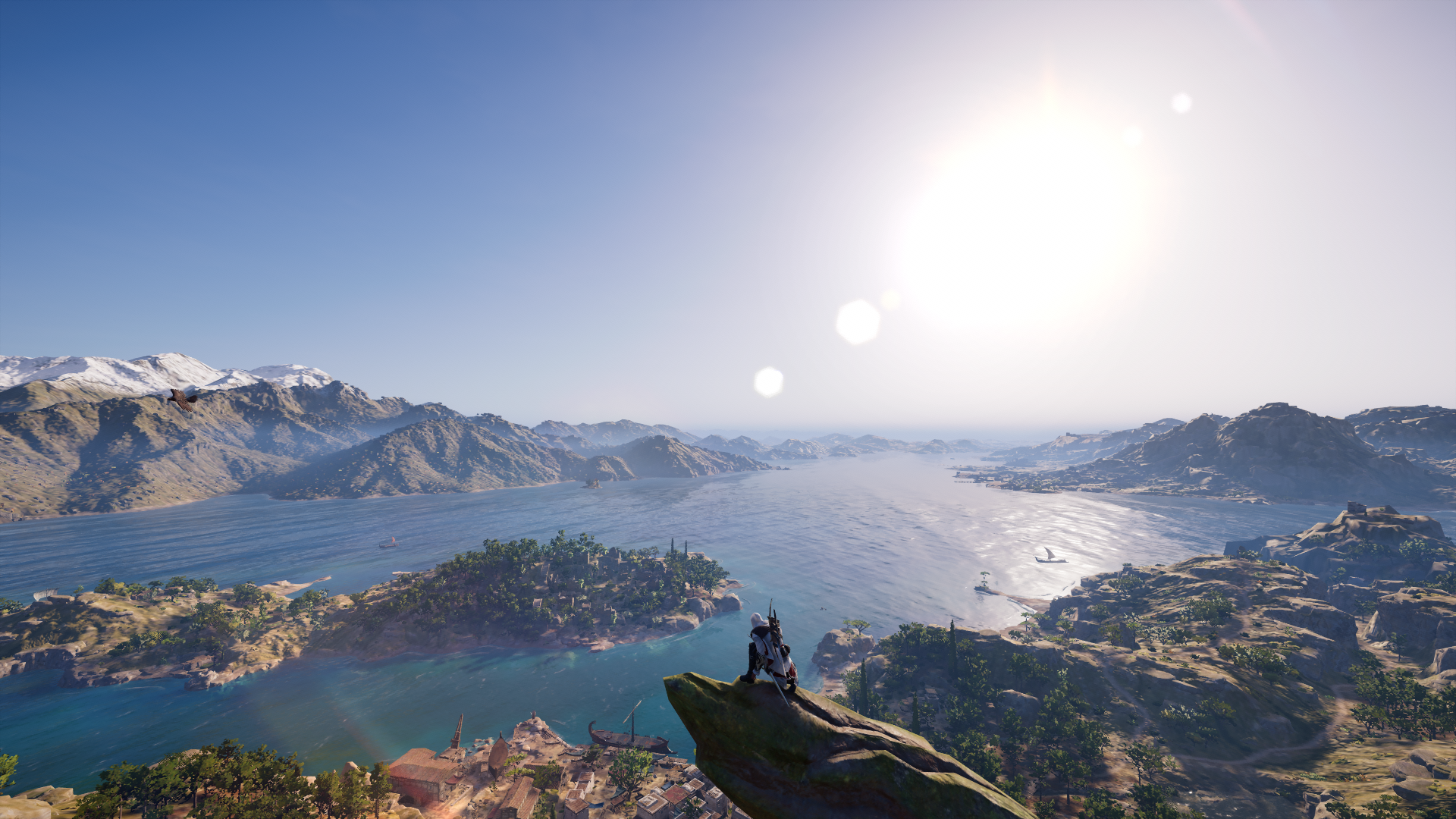 Assassin's Creed Odyssey screenshot of a character overlooking a bay HD Wallpaper