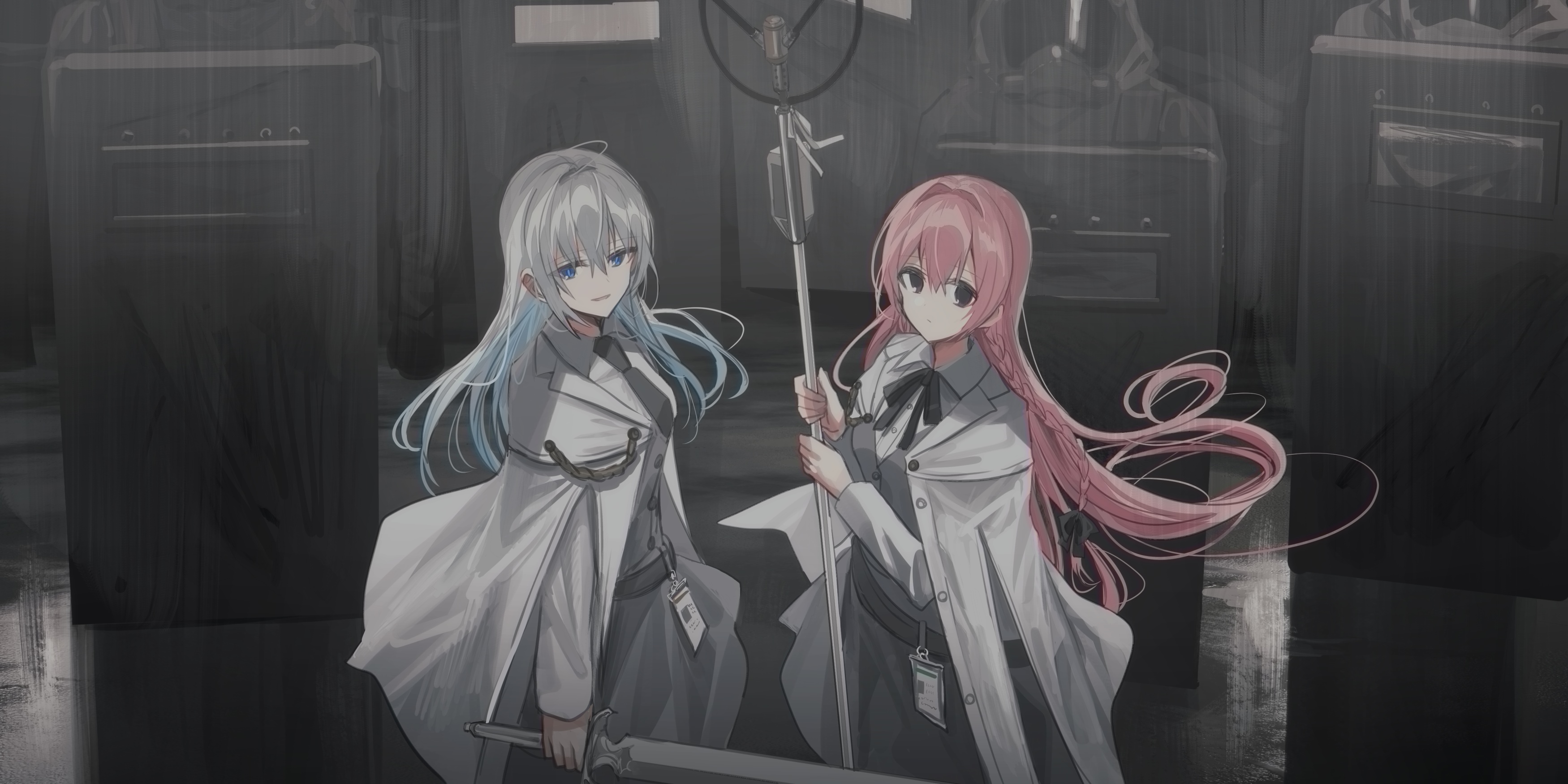 Two anime girls in lab coats with swords HD Wallpaper