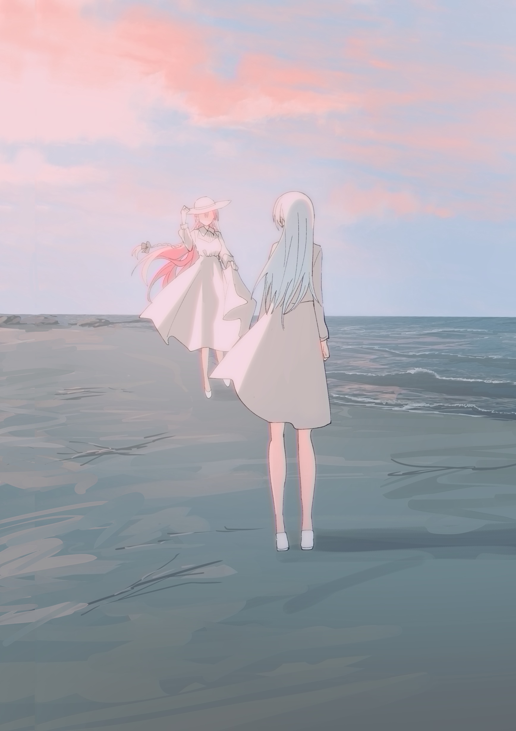 Two women with blue and pink hair on a beach HD Phone Wallpaper