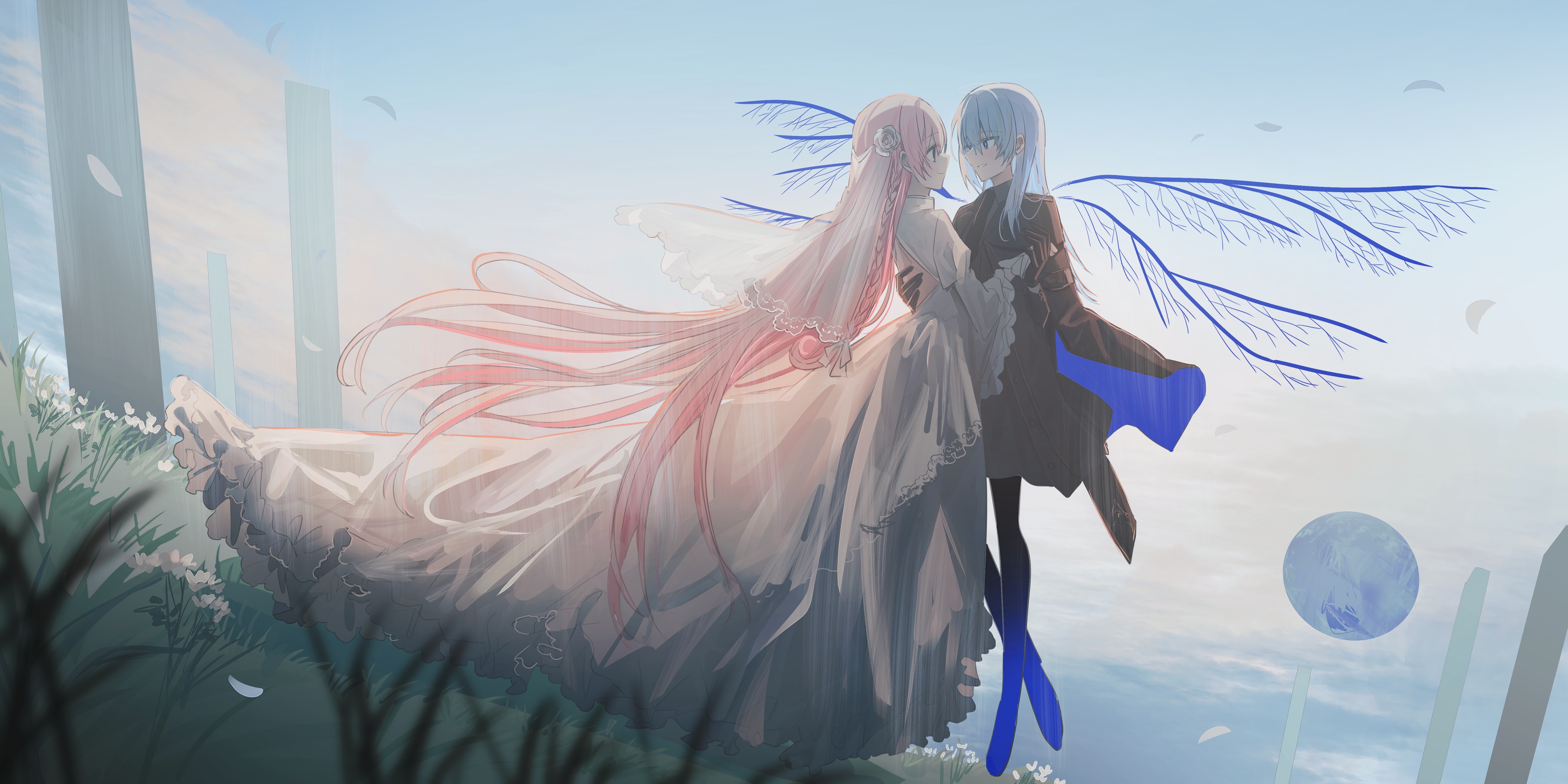 Fan art of two women with pink and blue hair HD Wallpaper