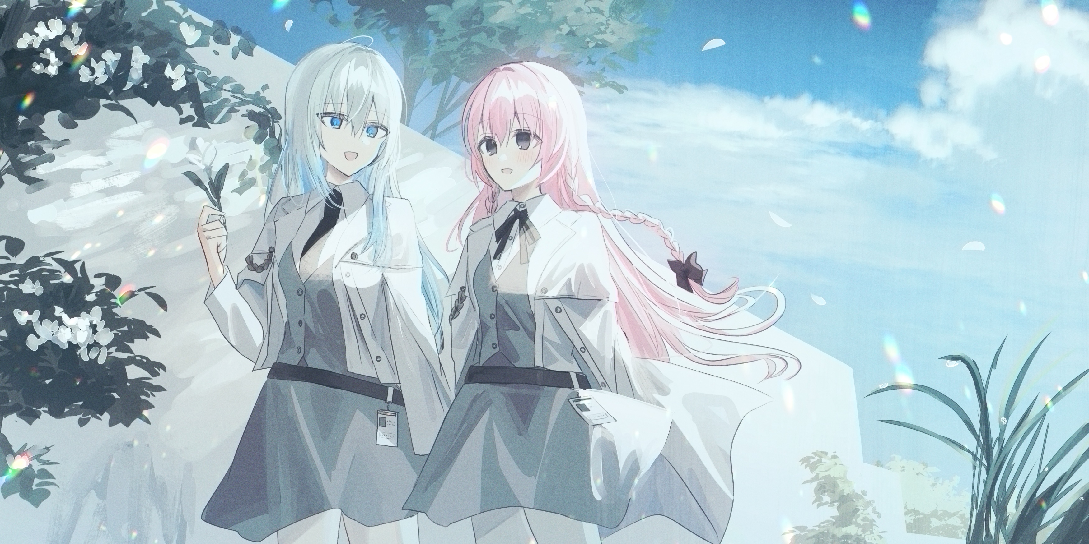 Two women with blue and pink hair in school uniforms HD Wallpaper