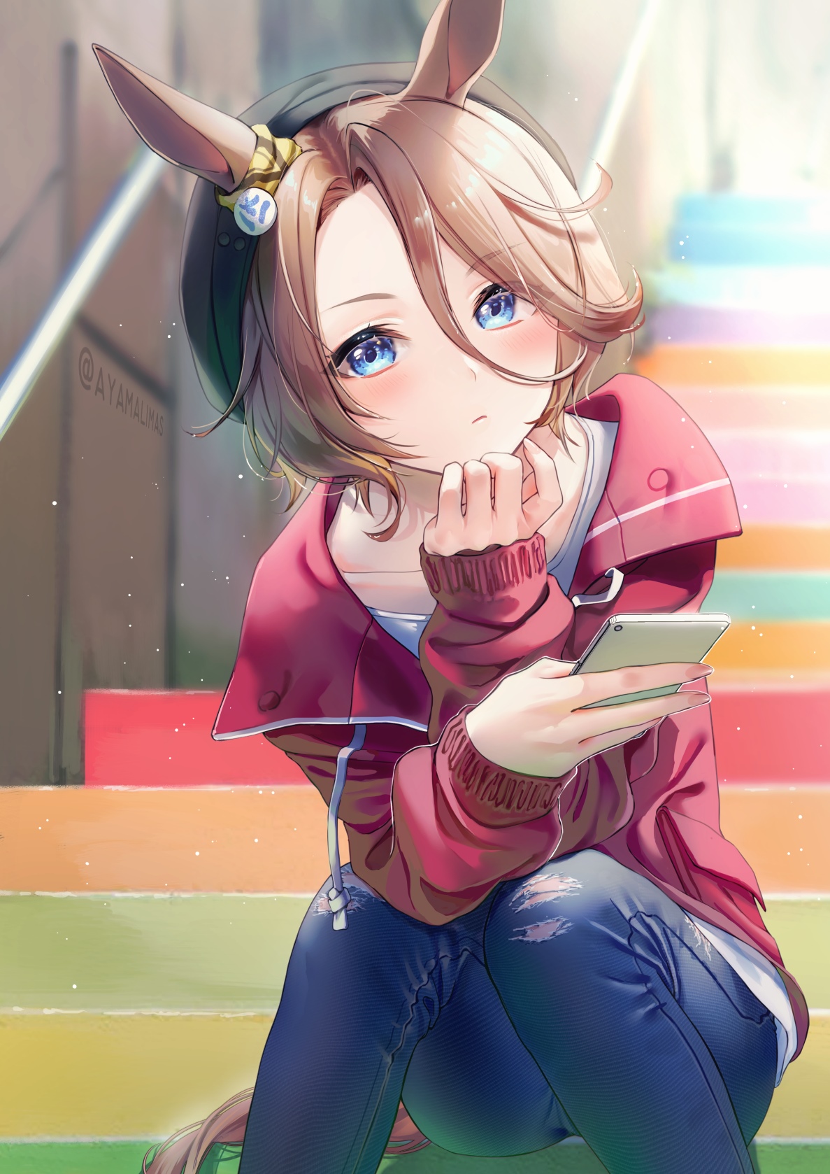 Narita Taishin from Uma Musume Pretty Derby holding a smartphone HD Phone Wallpaper