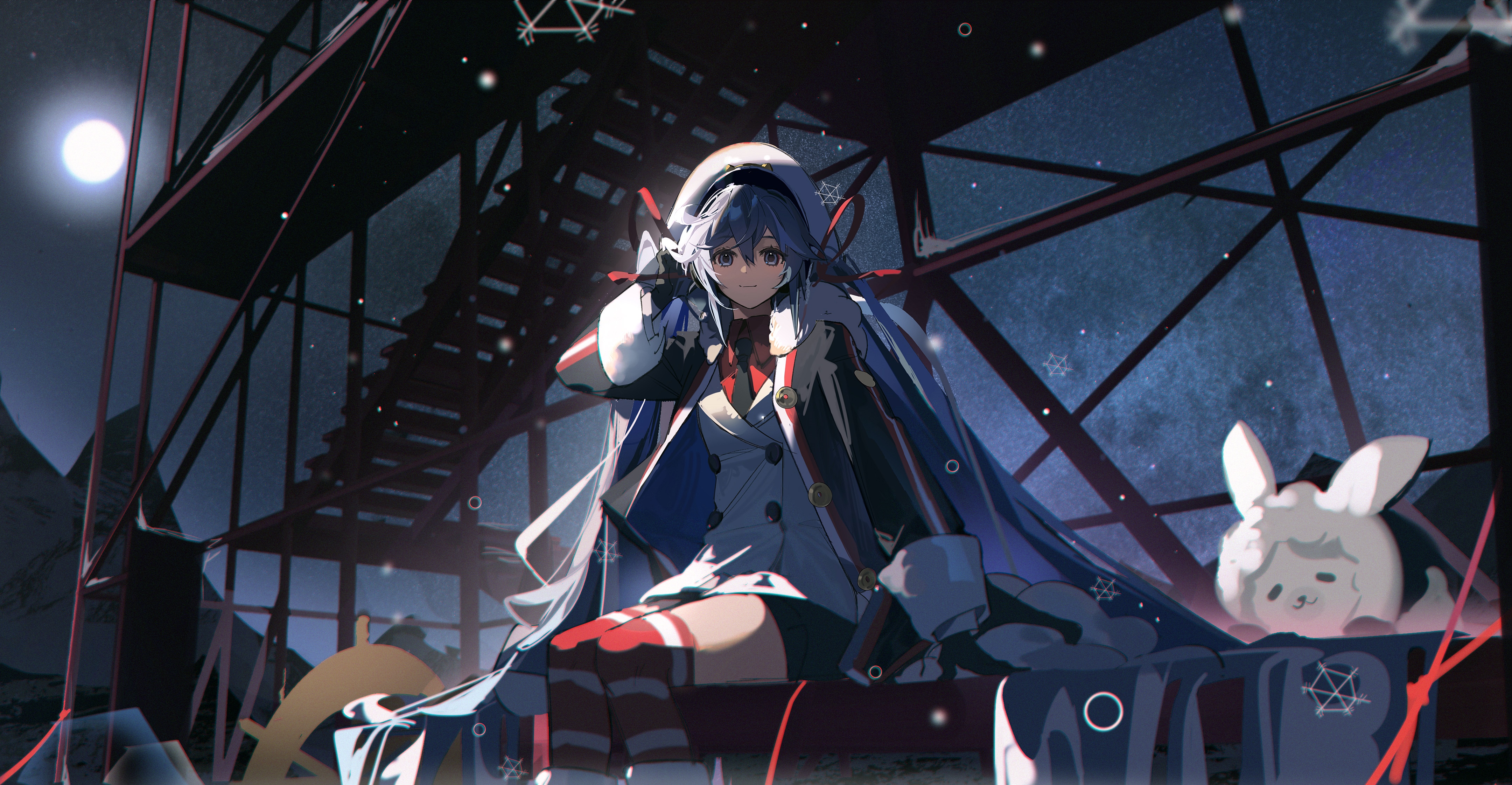 4K anime girl with blue hair and moon HD Wallpaper