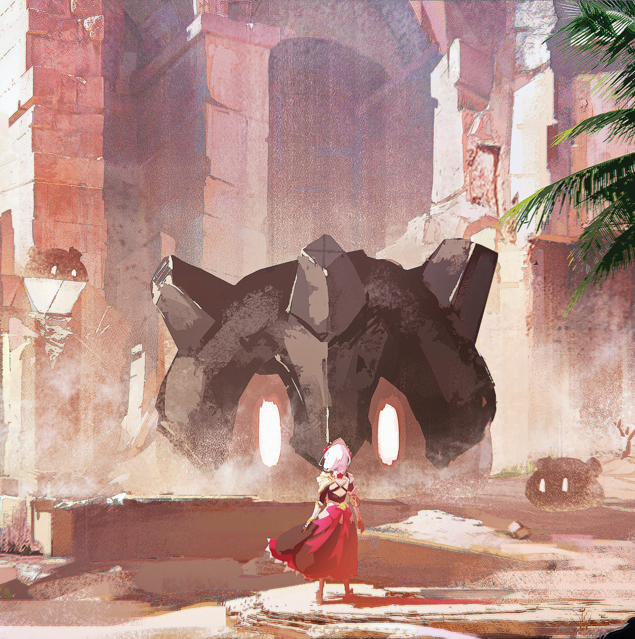 Noelle in front of a giant rock formation in ruins HD Wallpaper