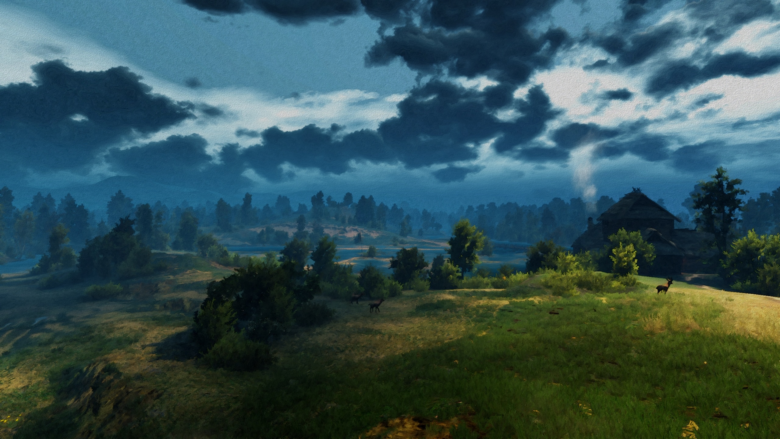 The Witcher 3: Wild Hunt landscape with a house and deer HD Wallpaper