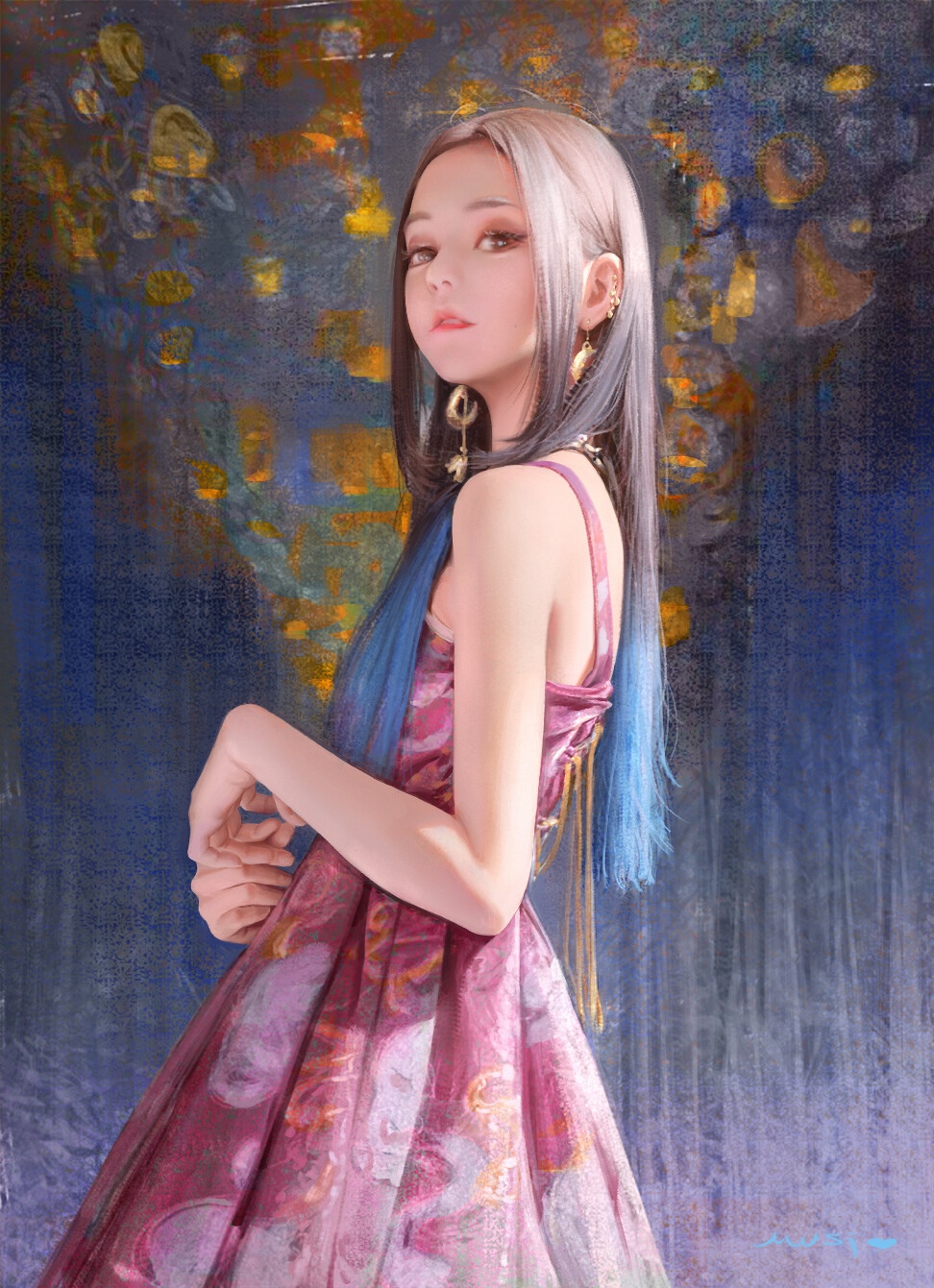 MuSi, Woman in a Pink Dress with Blue Hair HD Phone Wallpaper