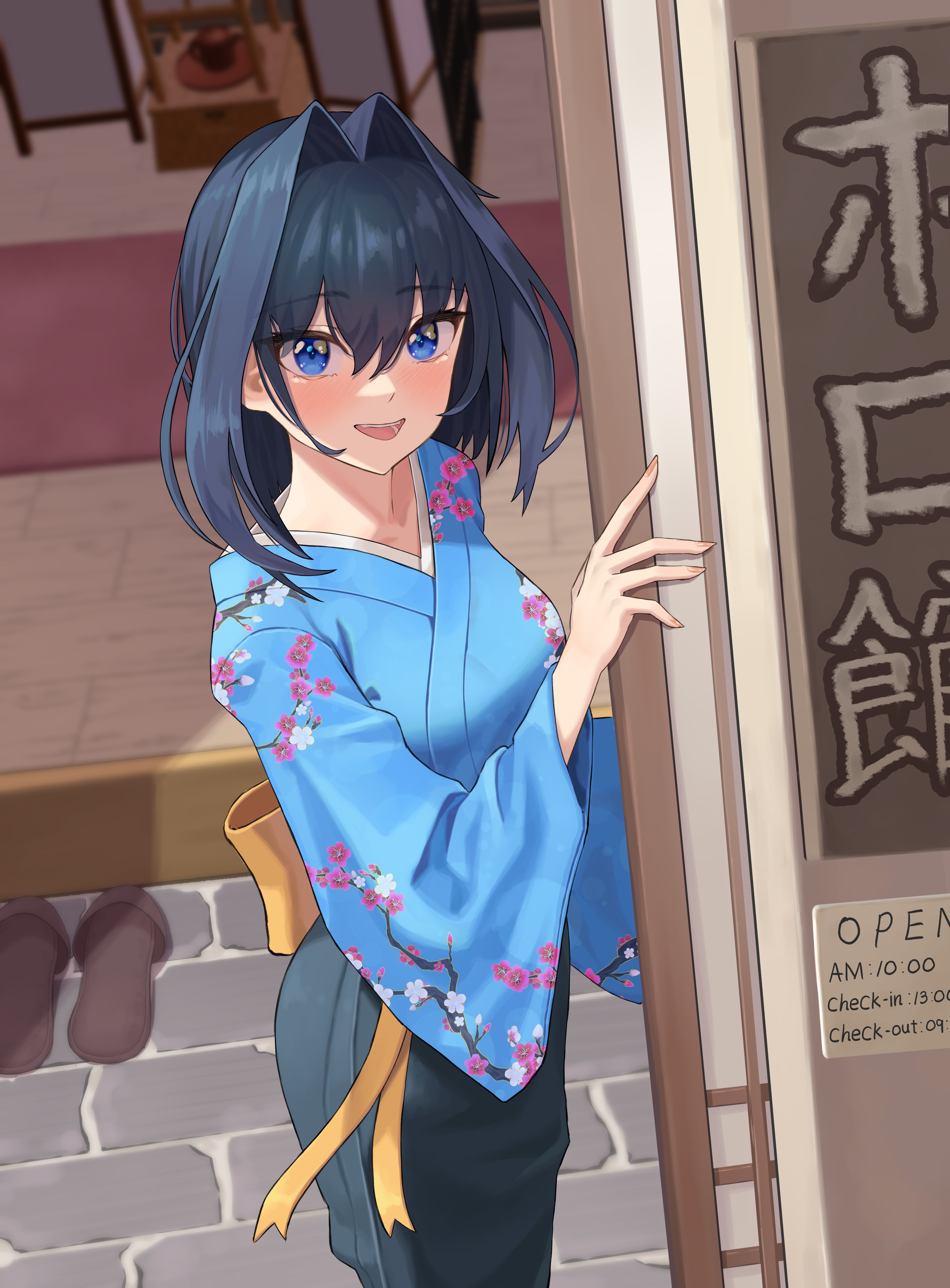 Ouro Kronii in a blue kimono HD Phone Wallpaper