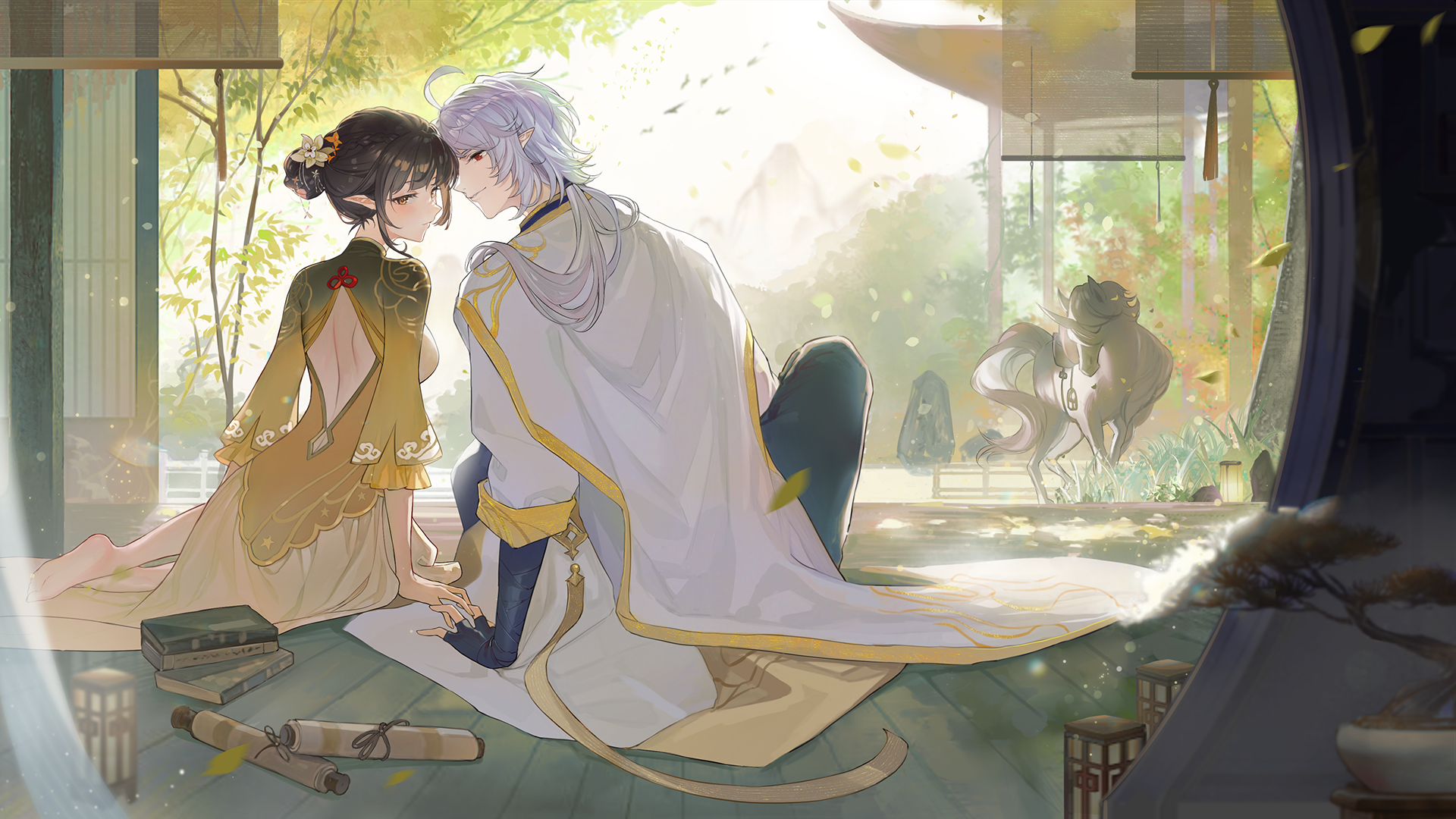Anime couple and horse in a traditional Japanese garden HD Wallpaper