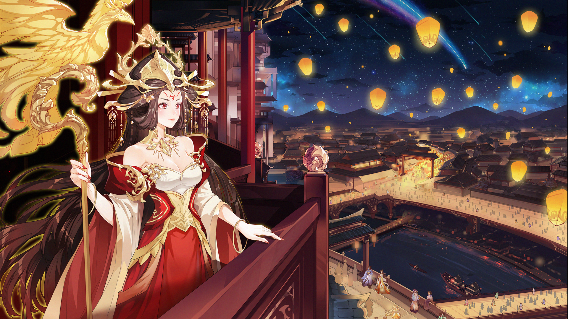 Woman in Chinese clothing with phoenix staff overlooking city at night HD Wallpaper