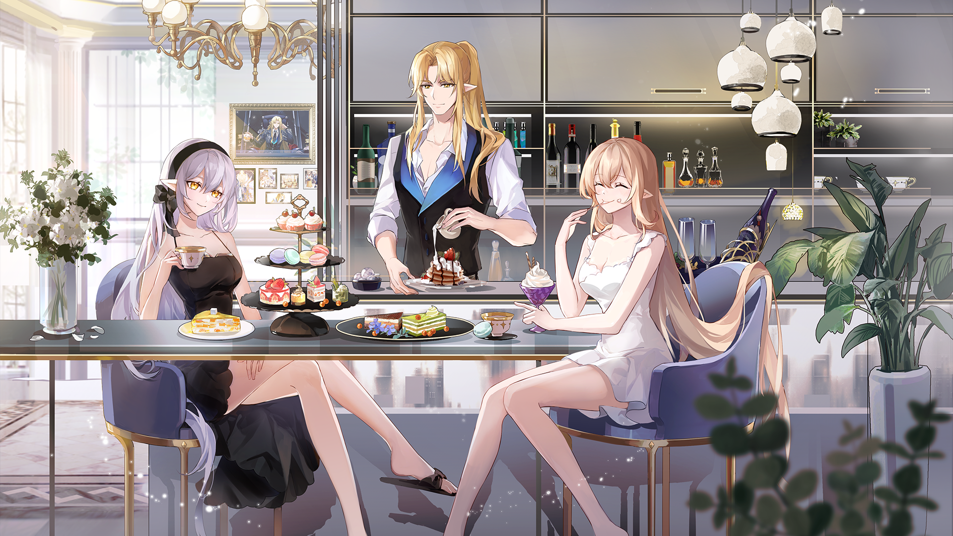 Aura Star characters enjoying sweets in a modern kitchen HD Wallpaper