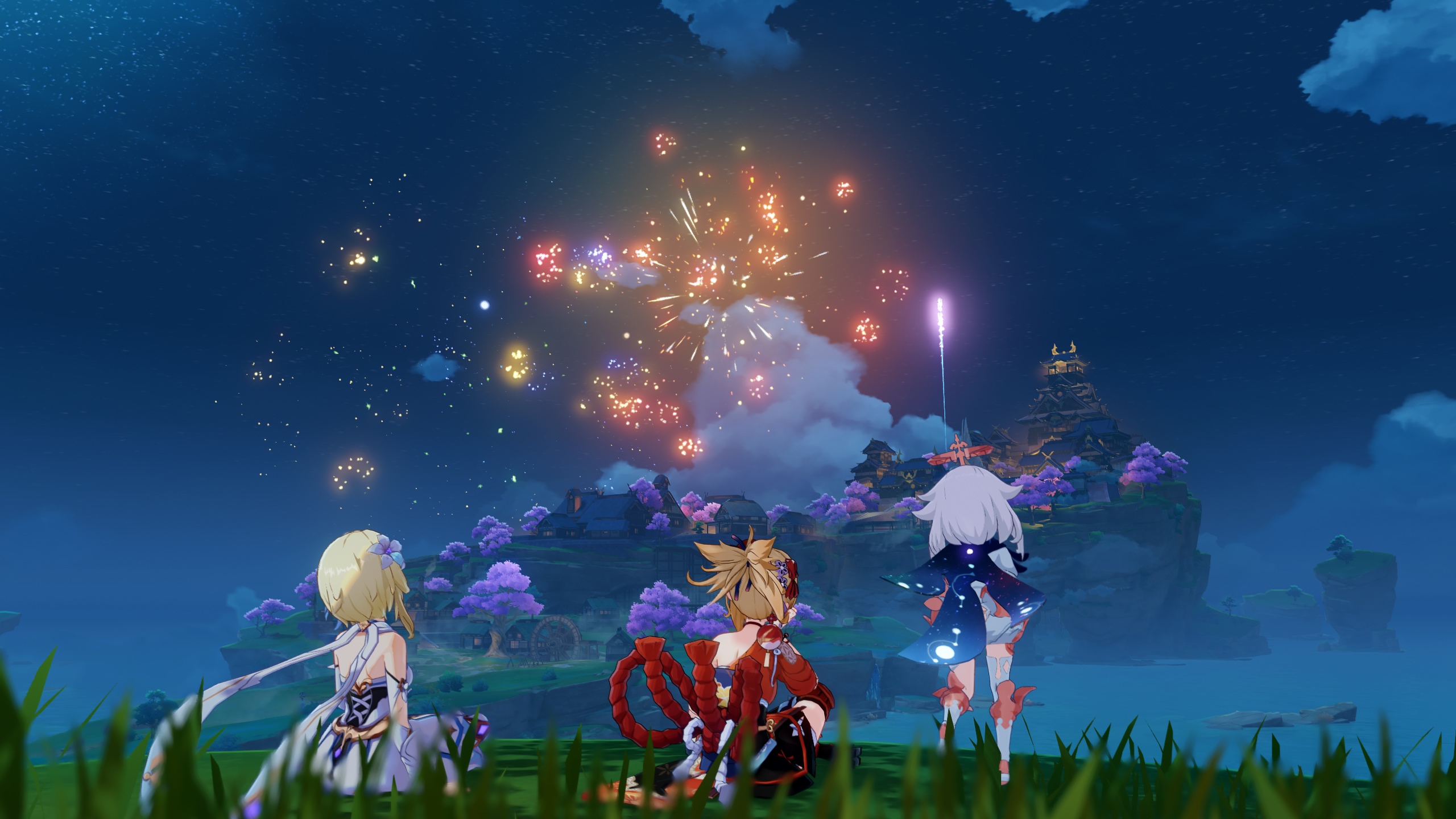 Lumine, Yoimiya, and Paimon watch fireworks in Genshin Impact HD Wallpaper