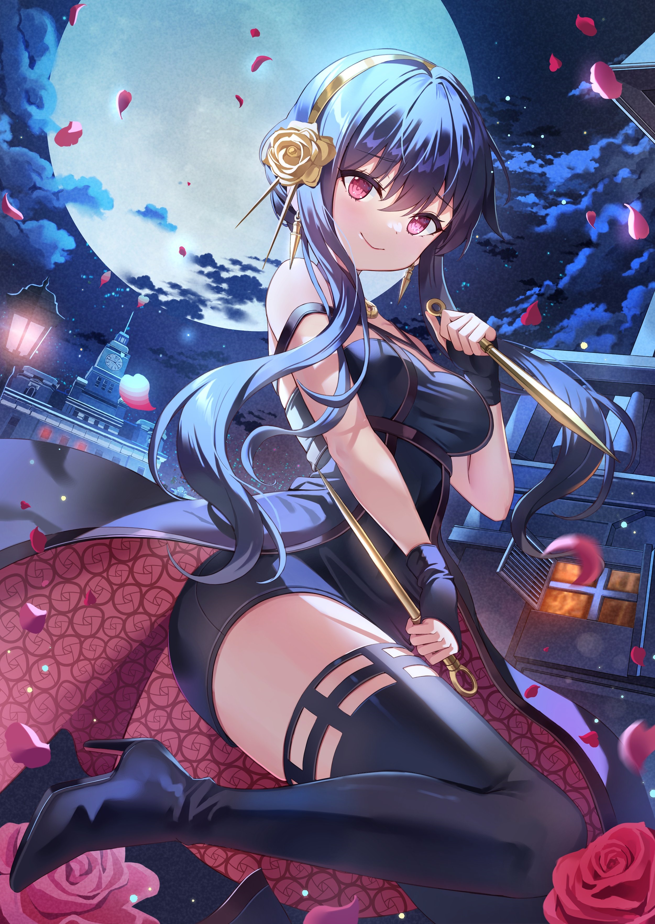 Yor Forger with Knives Under the Moon HD Phone Wallpaper