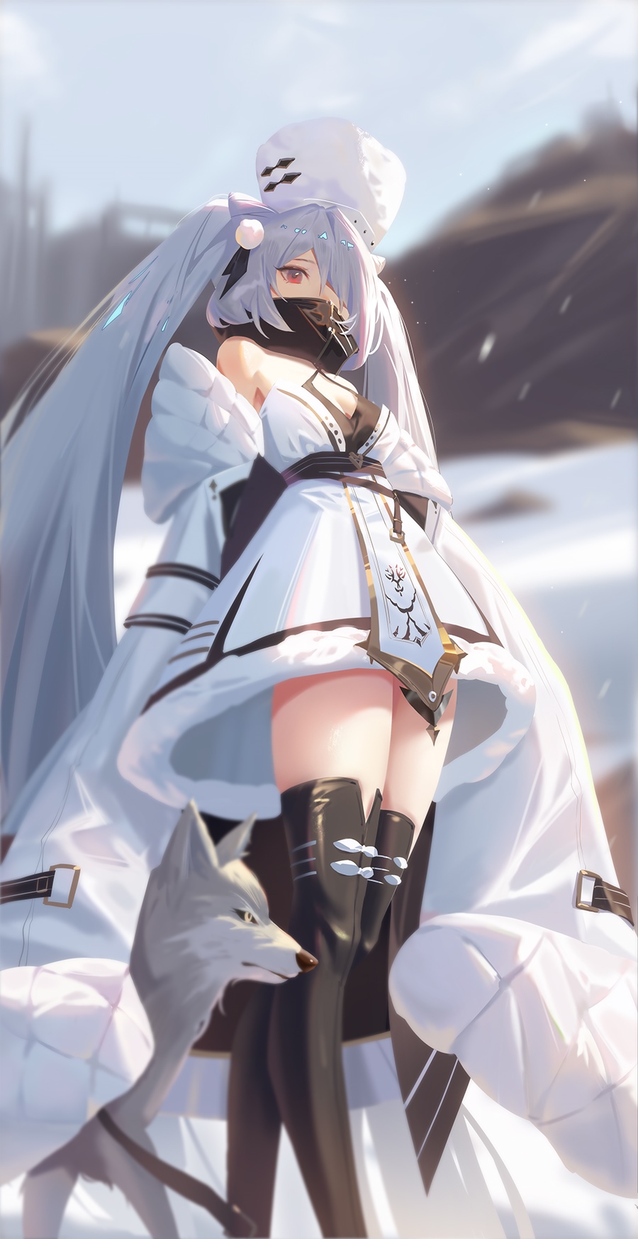 Azur Lane character with wolf in snowy landscape HD Phone Wallpaper
