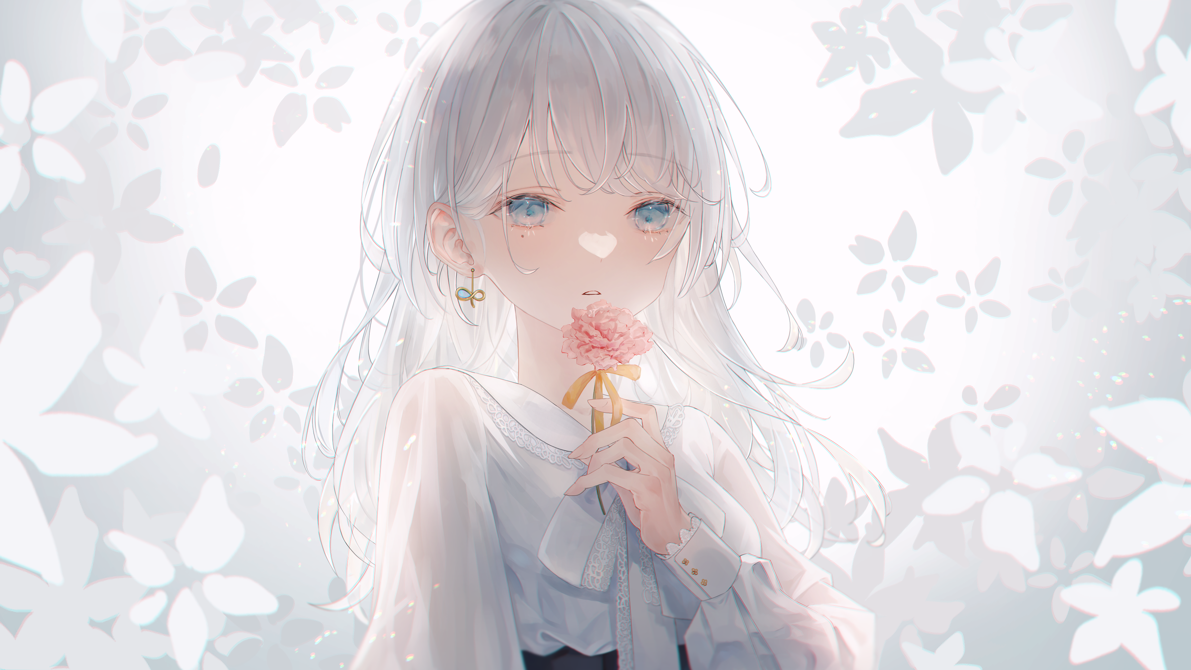 Anime girl with white hair holding a pink flower HD Wallpaper