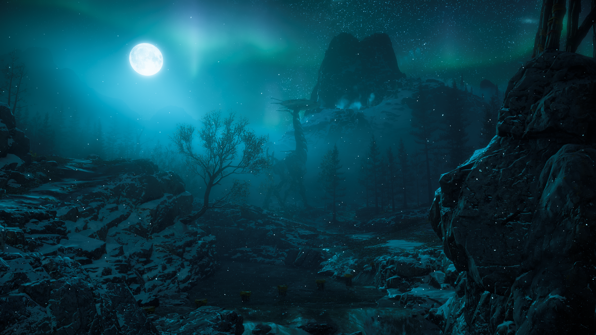 Horizon Zero Dawn night landscape with moon and aurora HD Wallpaper