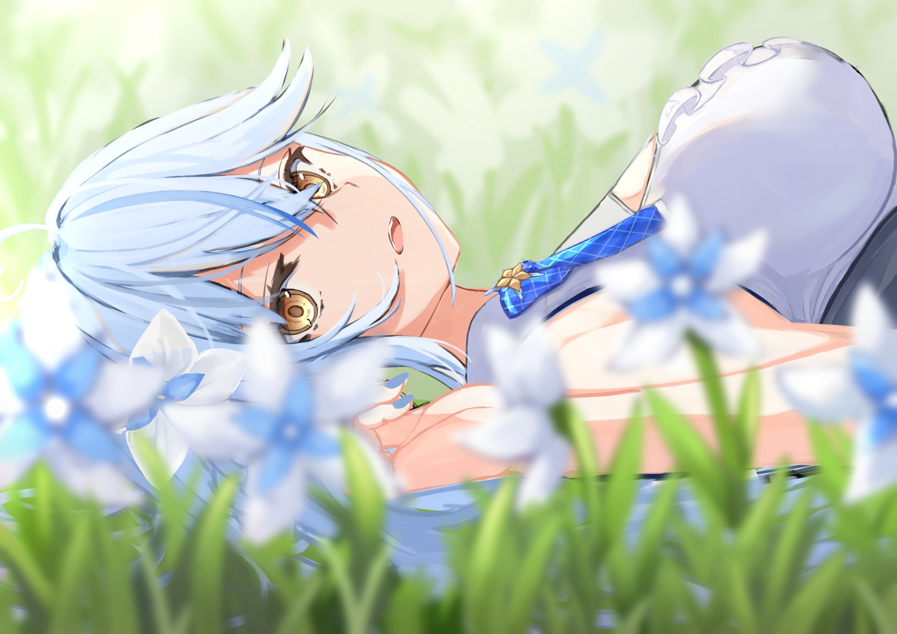 Girl with blue hair and yellow eyes lying in flowers HD Wallpaper