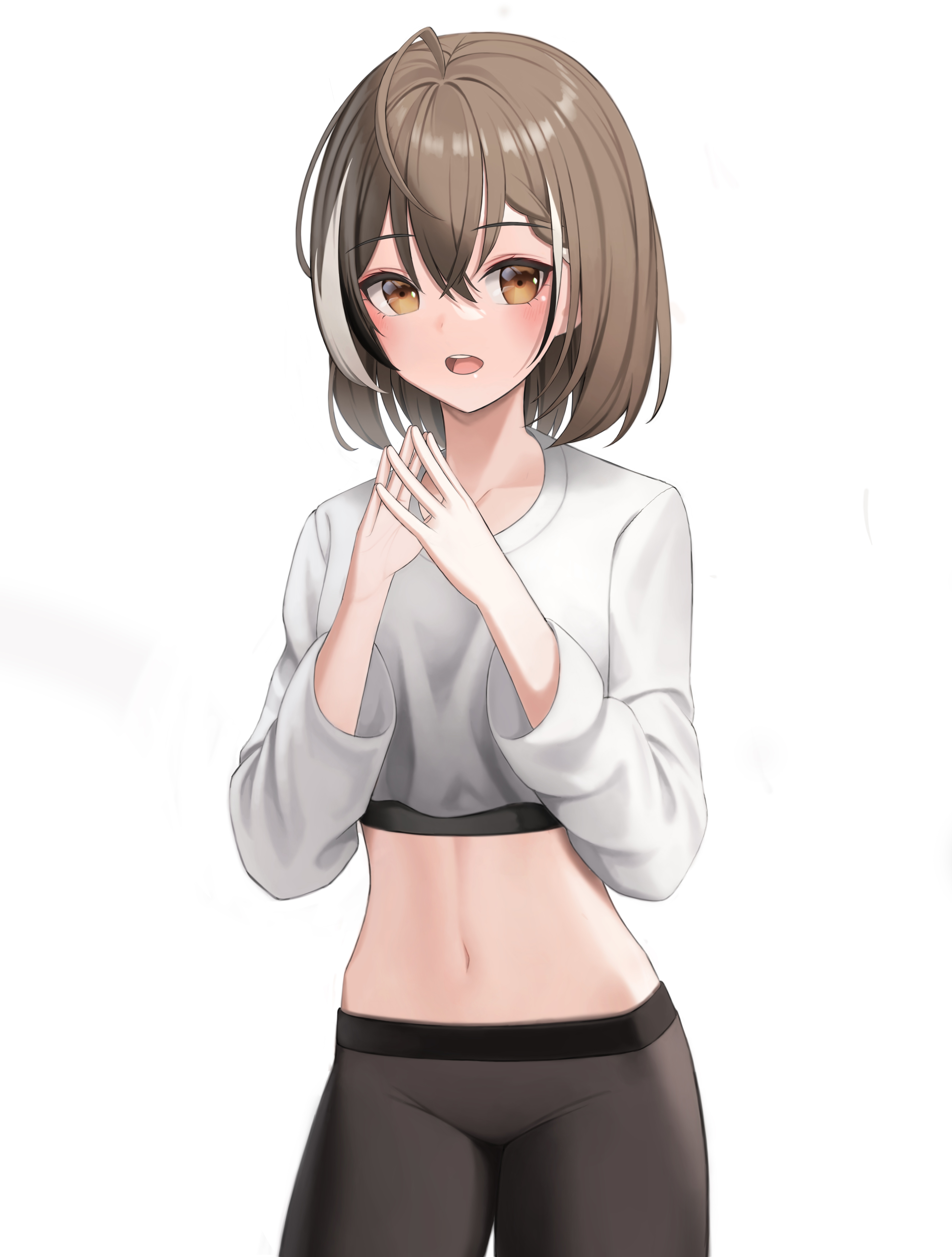 Nanashi Mumei in white crop top and black leggings HD Phone Wallpaper