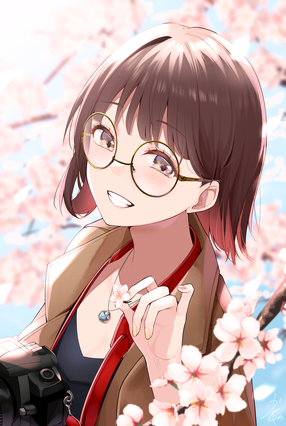 Anime girl with glasses and camera among cherry blossoms HD Phone Wallpaper