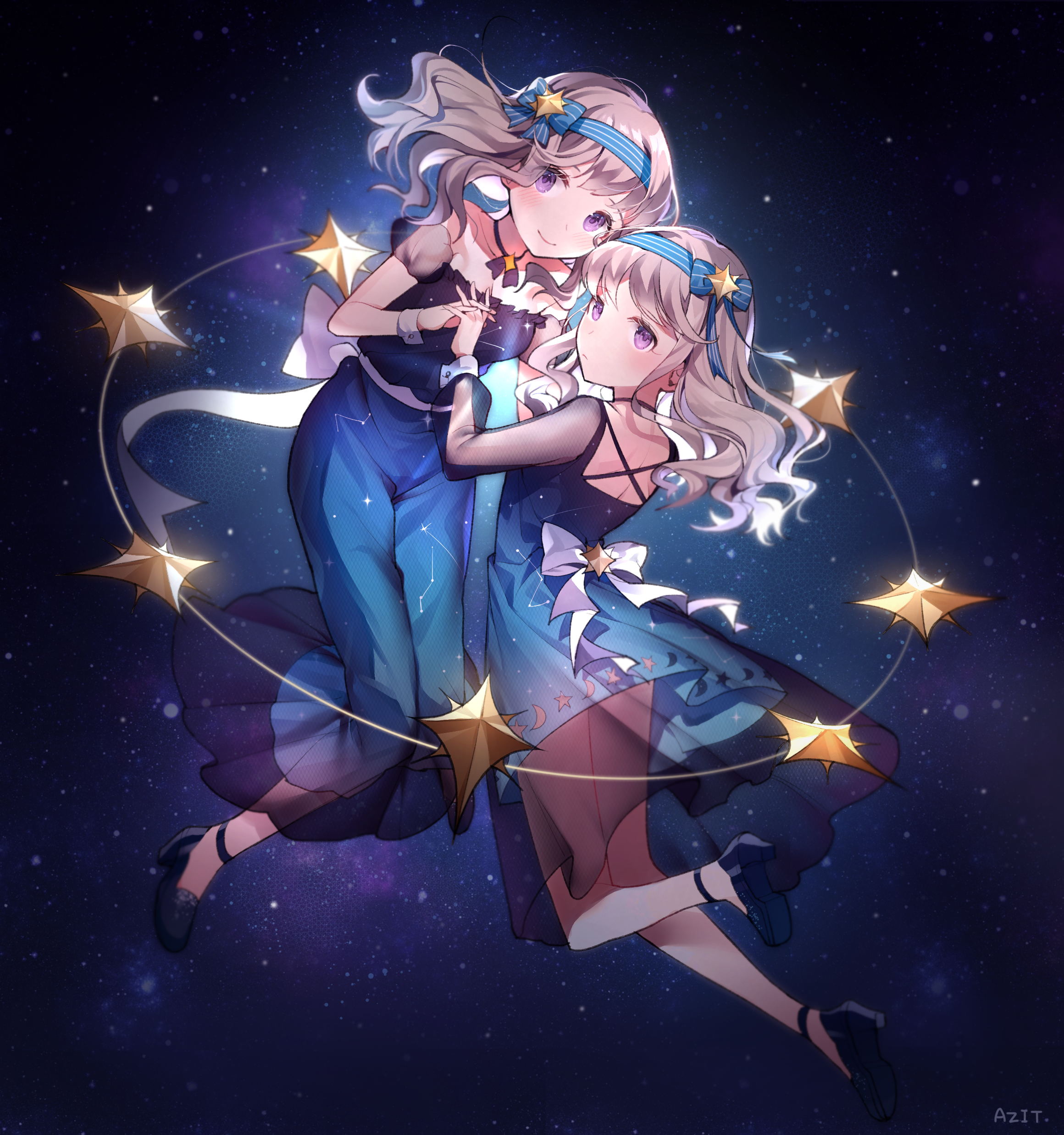 Two anime girls in starry dresses HD Wallpaper