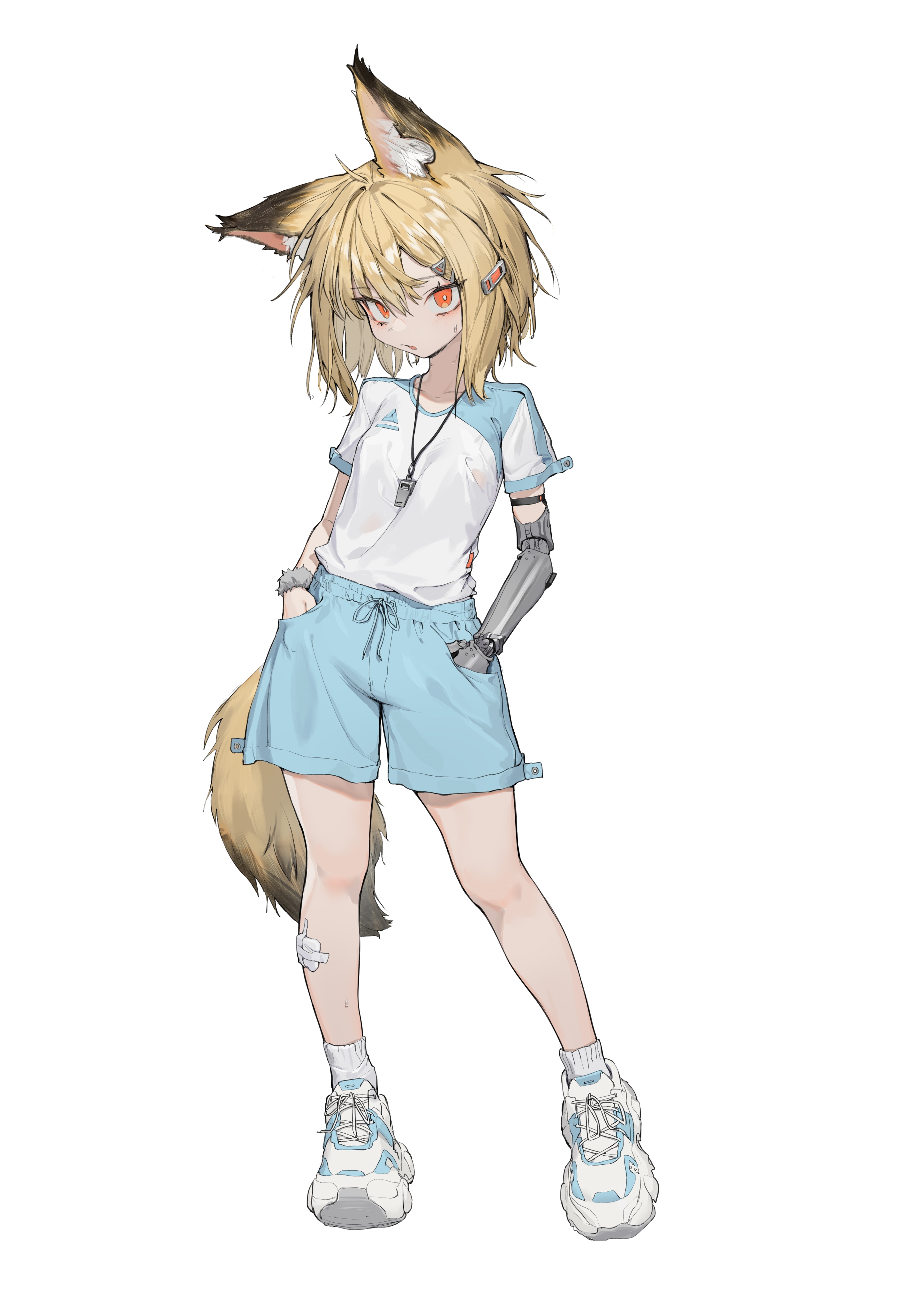 Anime girl with fox ears and tail, robotic arm HD Phone Wallpaper