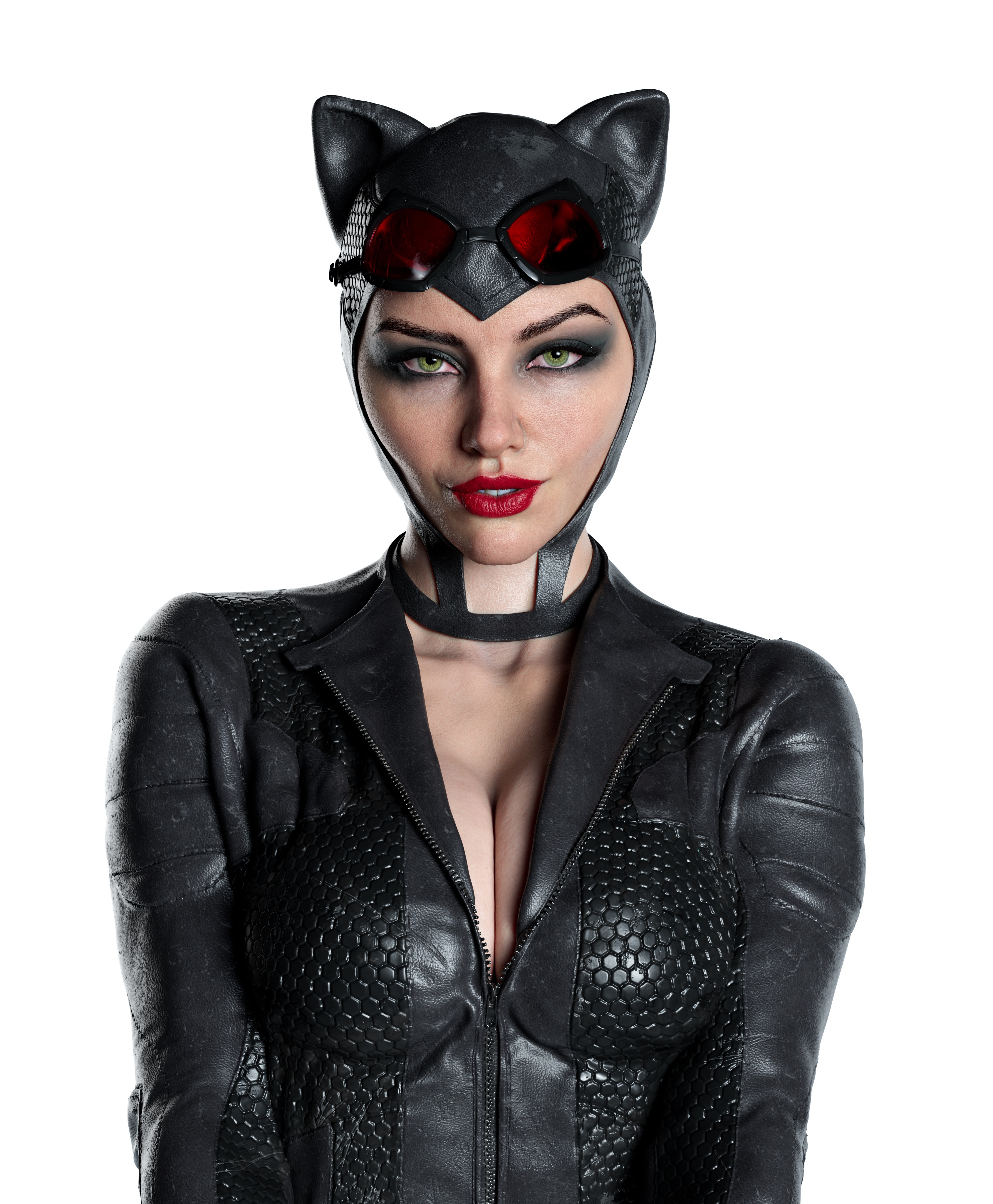 Catwoman in a black leather suit with red goggles HD Phone Wallpaper