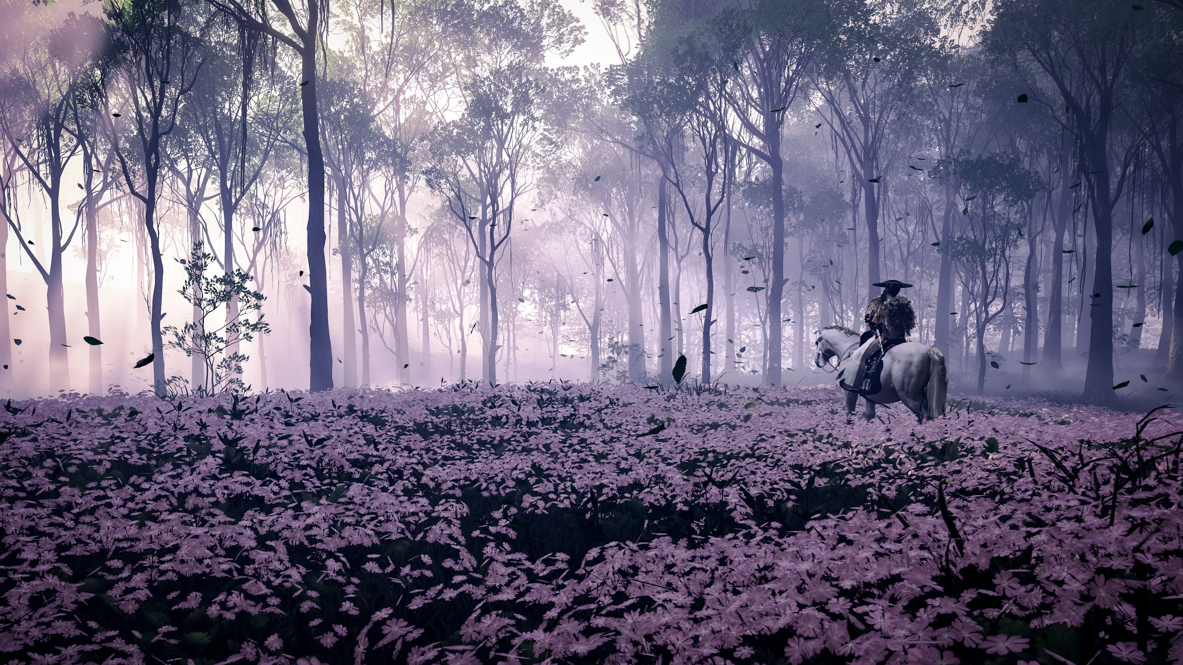 Ghost of Tsushima: Samurai on Horseback in Flower Field HD Wallpaper