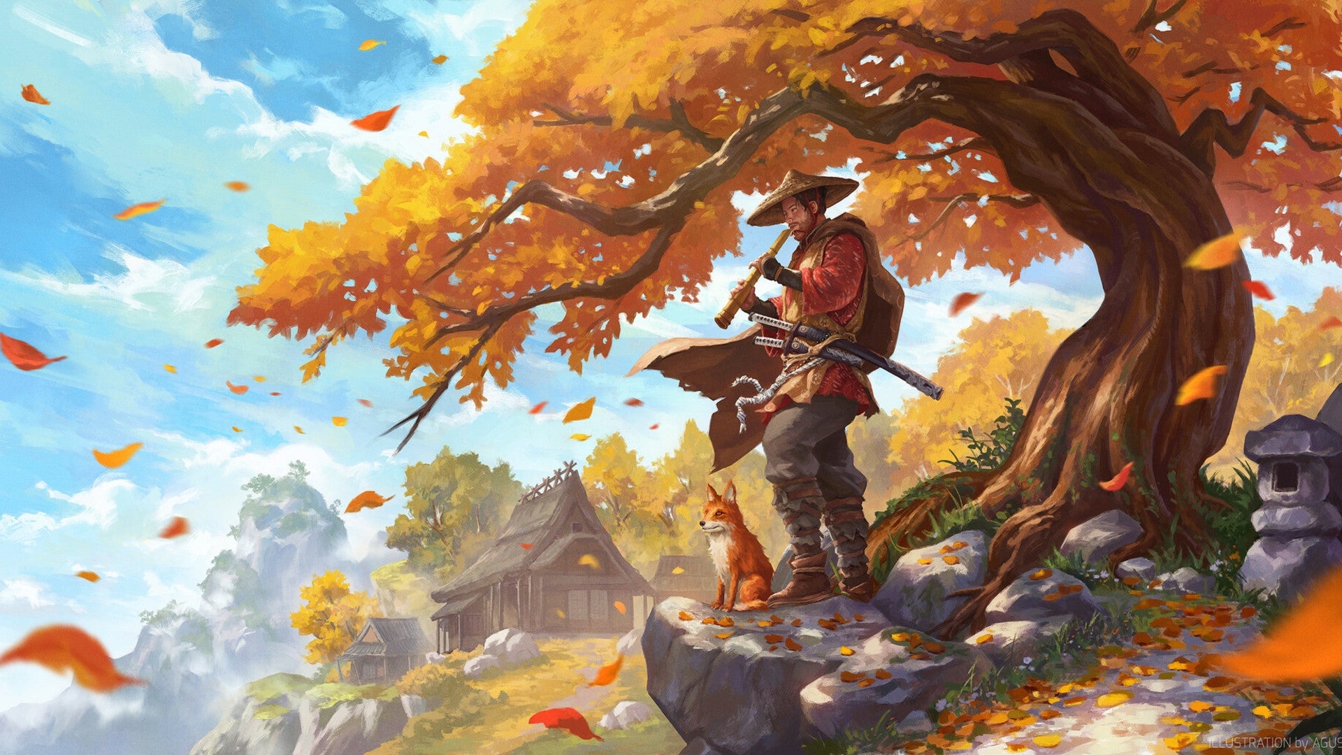 Ghost of Tsushima: Jin Sakai plays flute with a fox HD Wallpaper