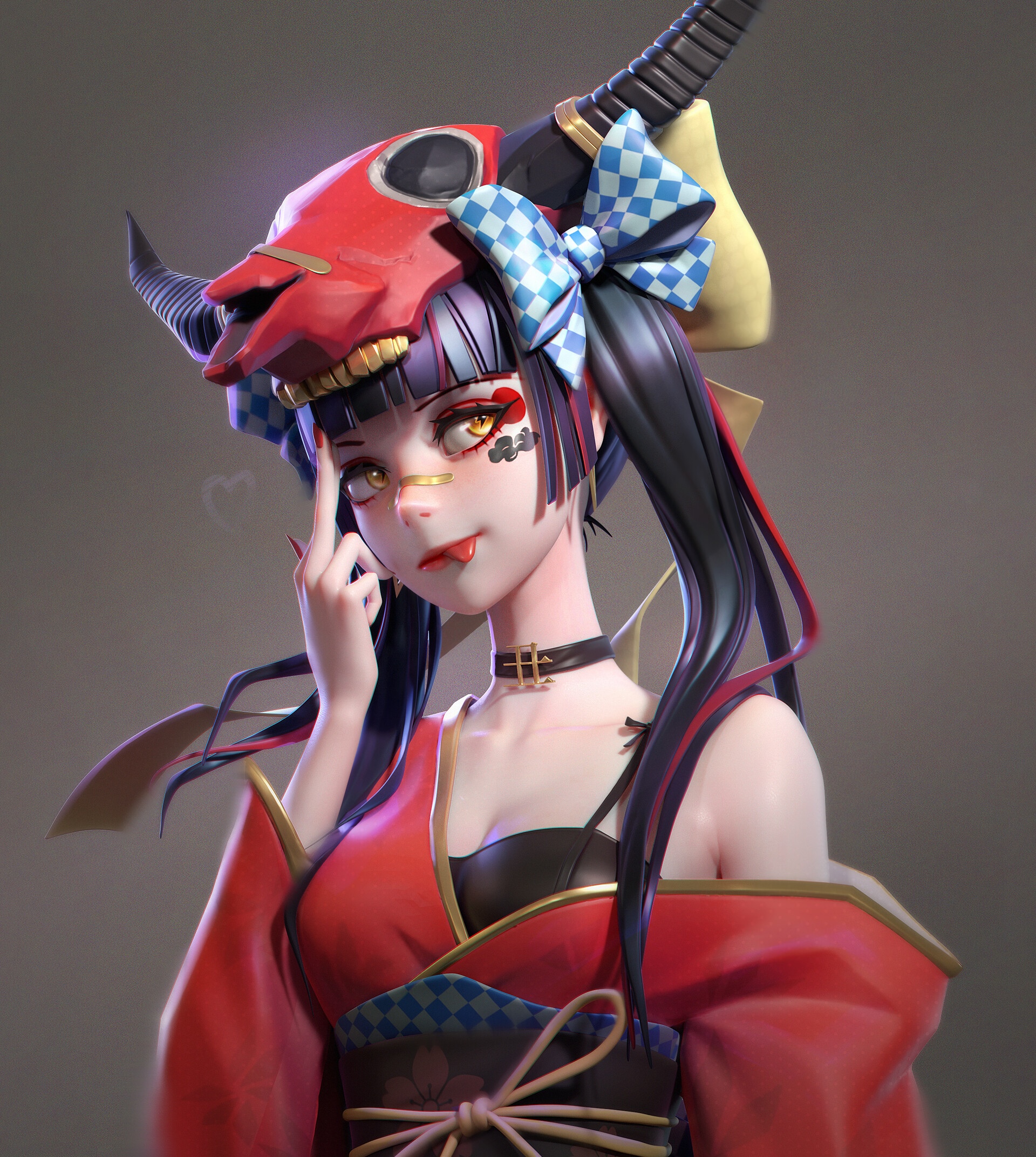 Woman with horns and red kimono HD Phone Wallpaper