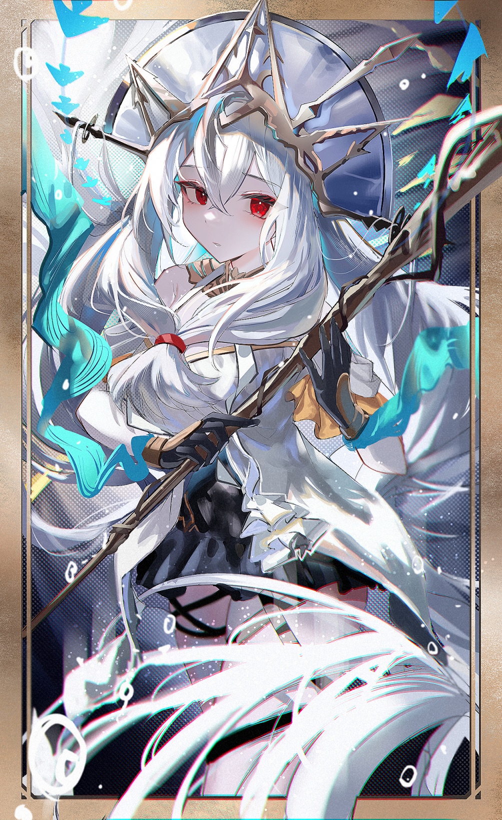 Anime girl with white hair and red eyes holding a staff HD Phone Wallpaper
