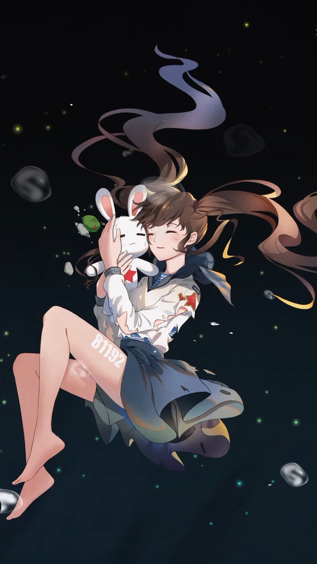 Anime girl in school uniform holding a rabbit plushie HD Phone Wallpaper