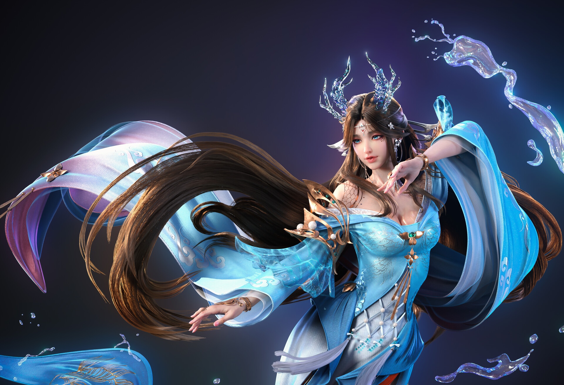 Fantasy woman in cyan clothing with water elements HD Wallpaper