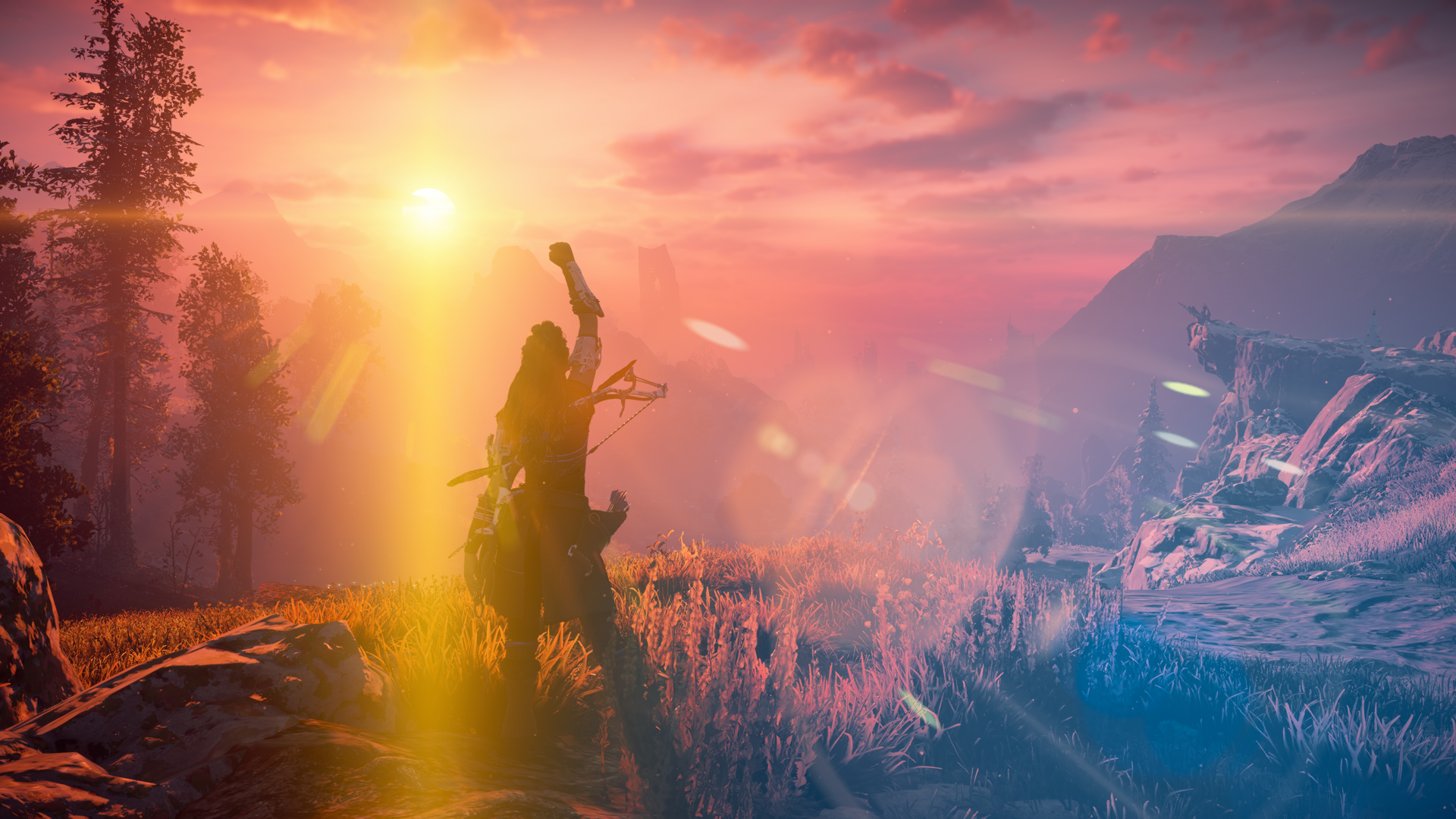 Aloy celebrating victory at sunset in Horizon: Zero Dawn HD Wallpaper
