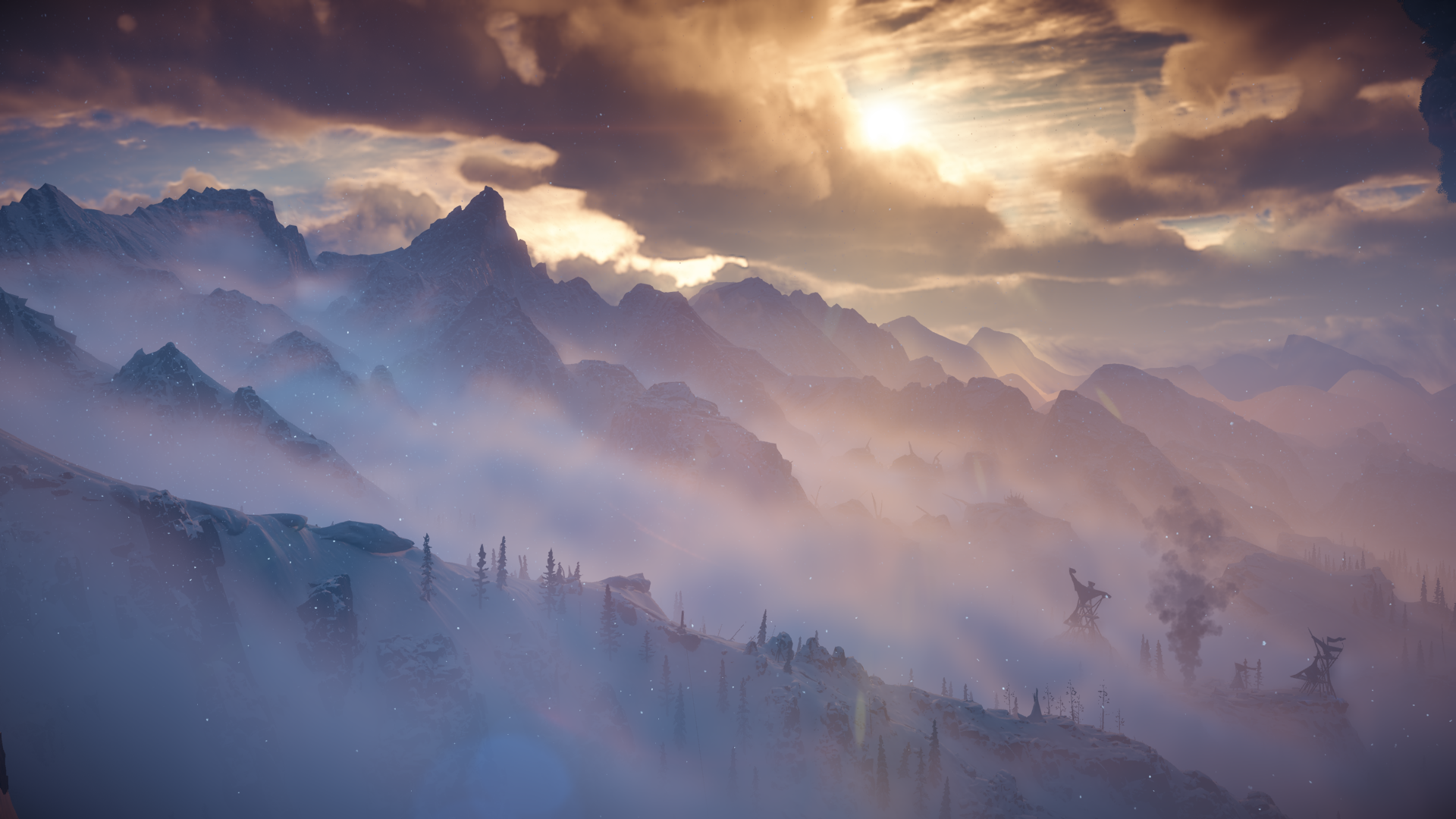 Horizon Zero Dawn Frozen Wilds snowy mountains at sunset HD Wallpaper