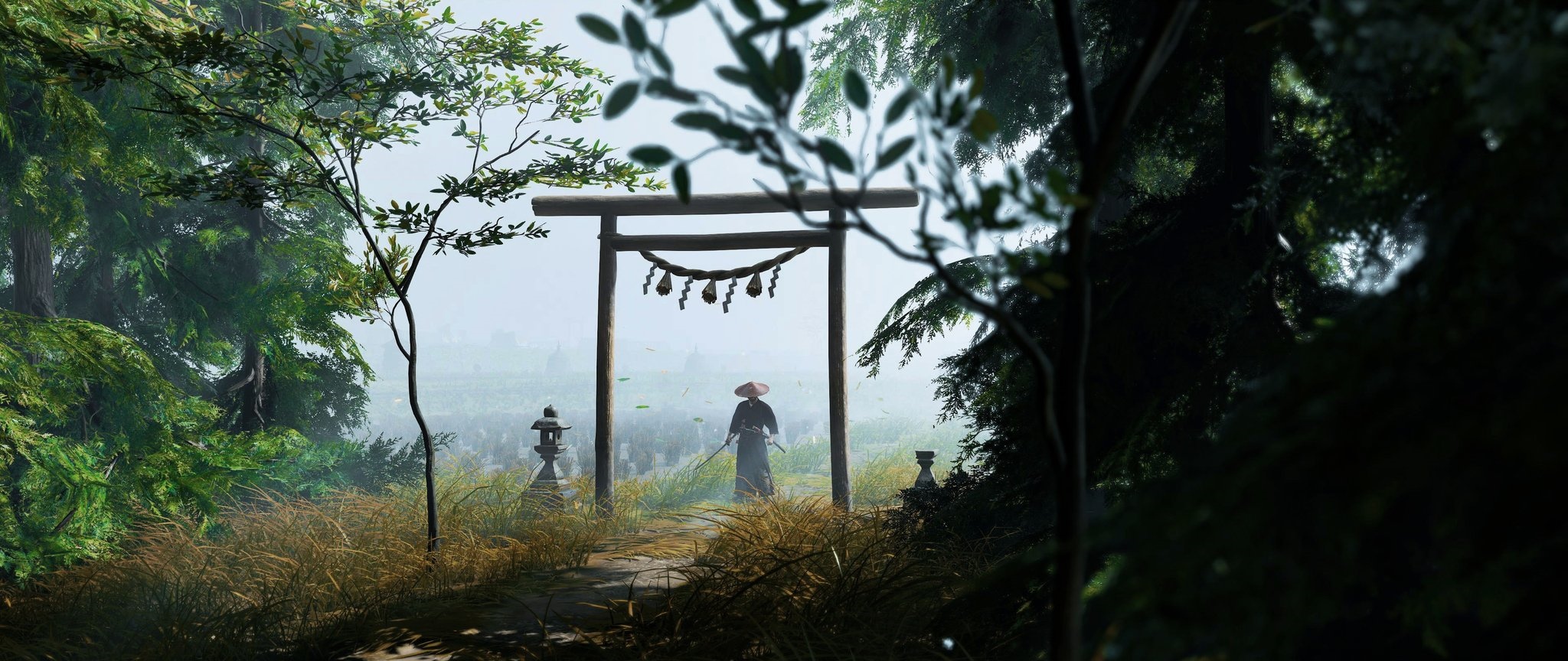Samurai warrior stands near a torii gate in a misty field HD Wallpaper