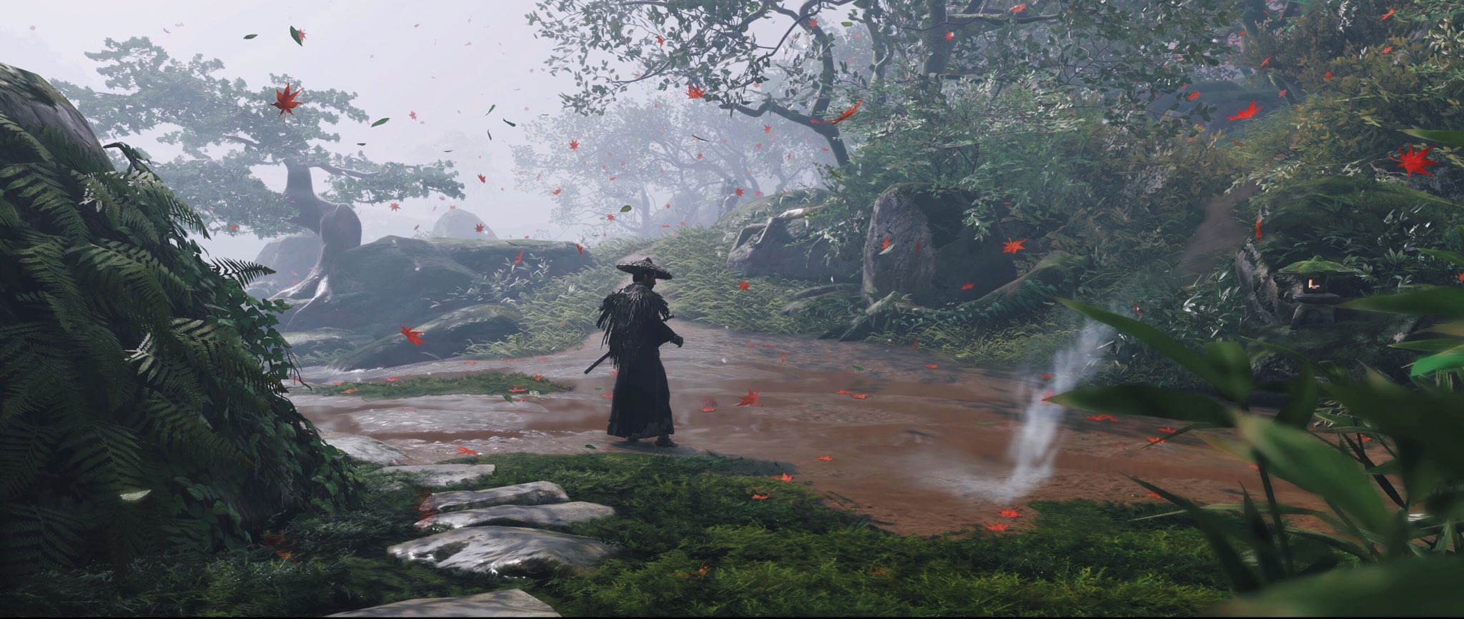 Samurai walking on a path in a misty forest HD Wallpaper
