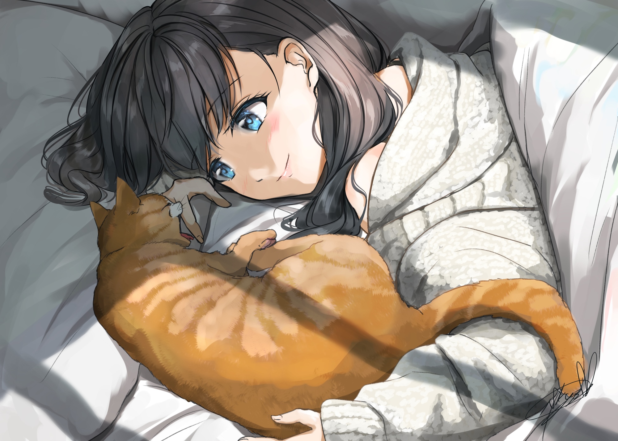 Anime girl with blue eyes cuddling an orange cat HD Wallpaper
