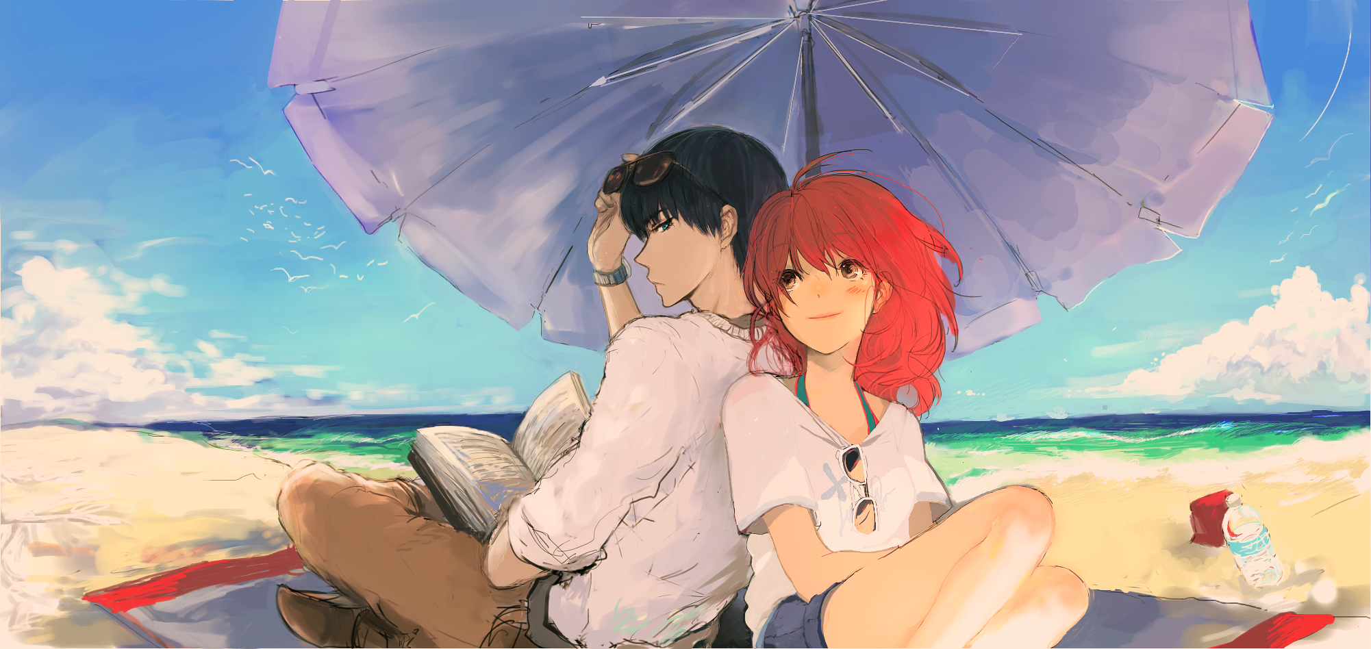 Couple relaxing on the beach under an umbrella HD Wallpaper