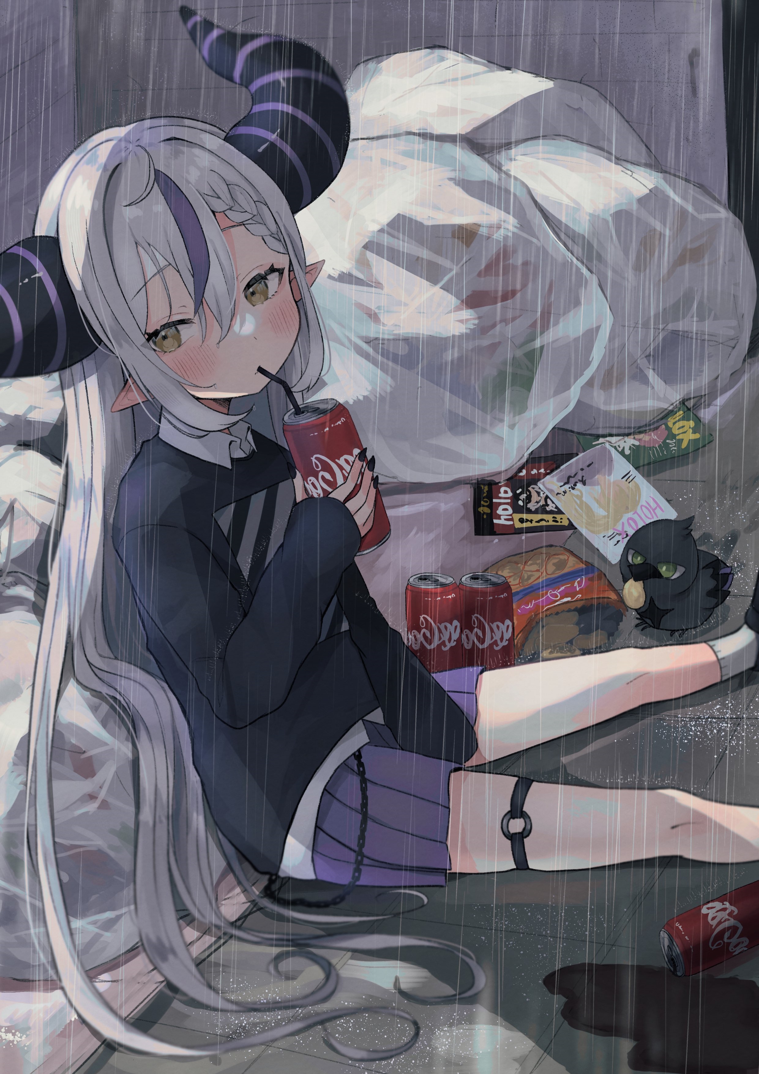 Laplus Darknesss drinking Coca-Cola in the rain HD Phone Wallpaper
