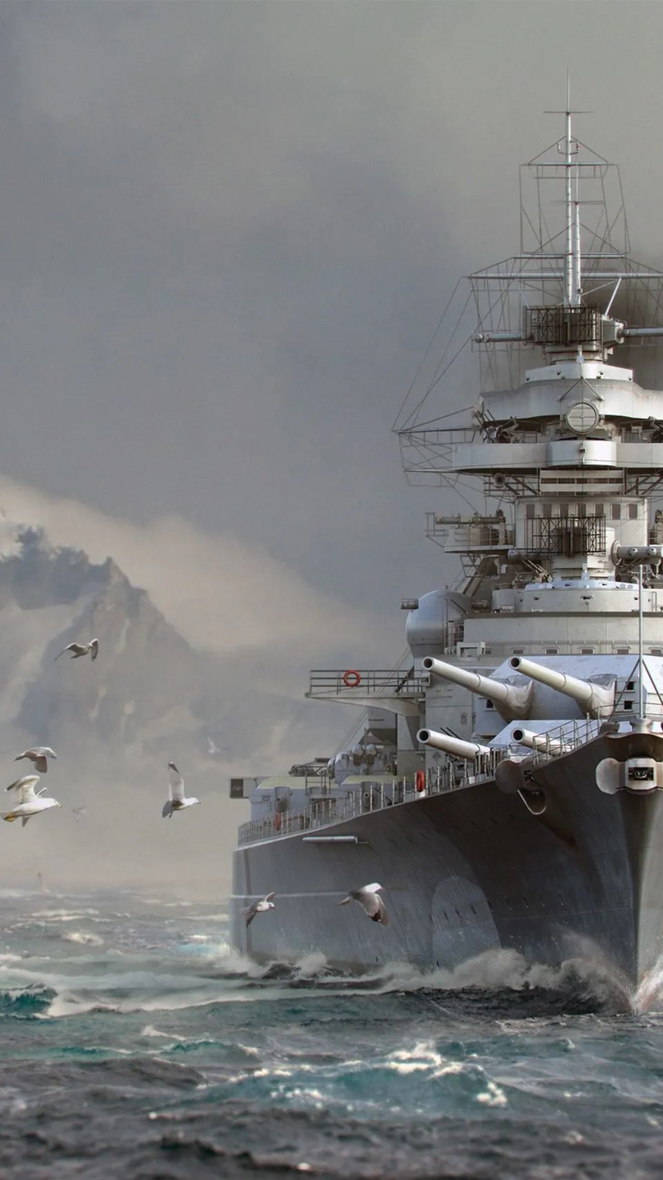 Bismarck Battleship sailing through rough seas with seagulls HD Phone Wallpaper