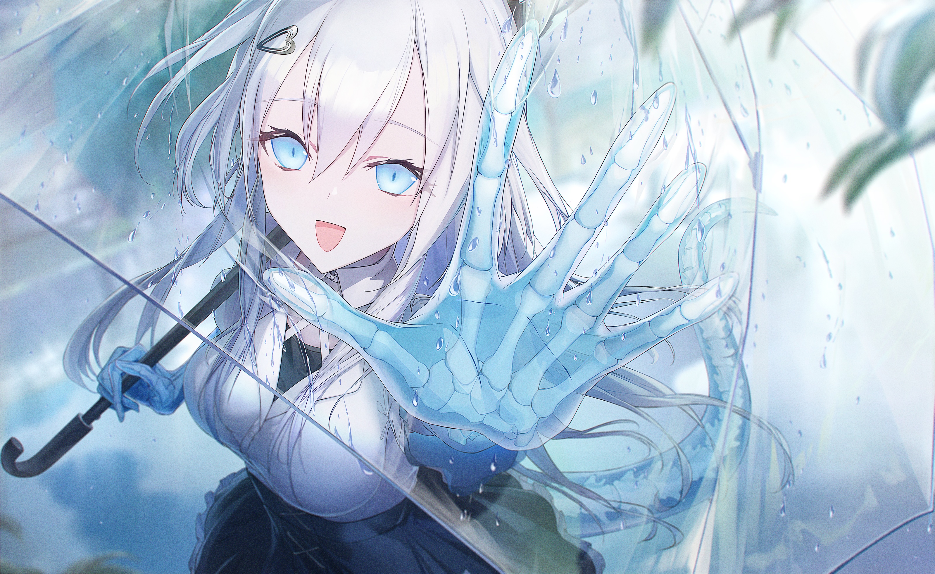 Girl with blue eyes and tail holding an umbrella HD Wallpaper